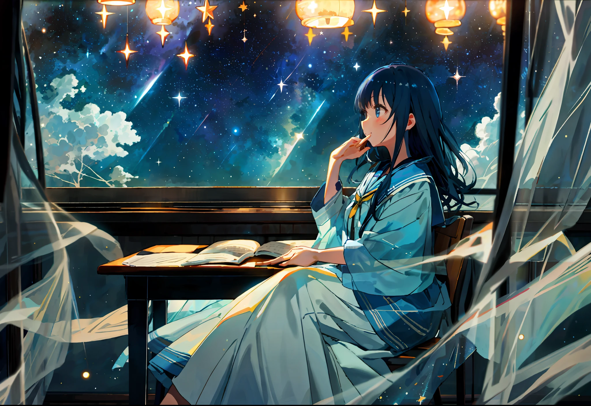 Girl sitting in classroom looking out the window in dim light, night and starry river, universe, starlight, dreamy scene, breeze