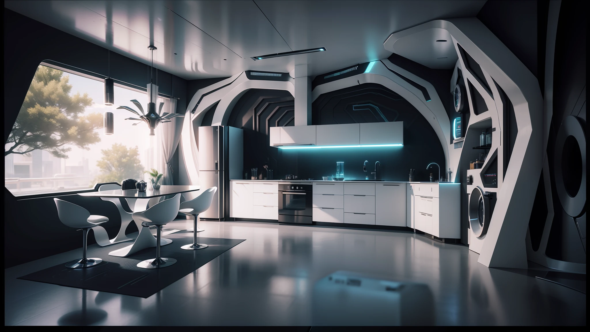 there is a kitchen with a table and chairs in it, futuristic interior, futuristic decor, cyberpunk apartment, futuristic looking living room, futuristic room, sci - fi interior, futuristic. game cg, retro futuristic apartment, unreal engine 5 : :, the cyberpunk apartment, unreal engine 3 d rendering, realistic unreal engine 3 d game, futuristic room background, unreal engine render style --auto --s2