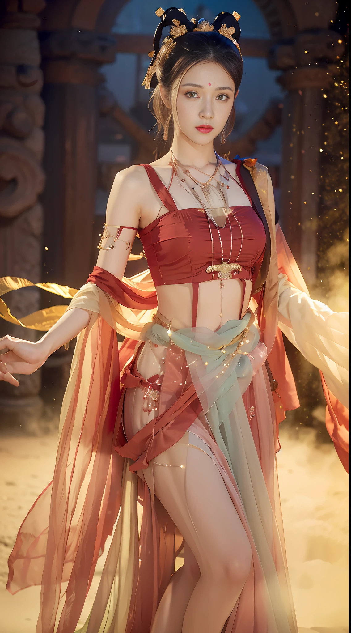 (8k, RAW photo, best quality, masterpiece:1.2), (realistic, photo-realistic:1.4), (extremely detailed CG unity 8k wallpaper), (1 girl:1.5), Western beauty, (Red clothes: 1.4), red spots on forehead, pale skin, blush, big eyes, full body, thighs, open navel, gold waist chain, gold jewelry, flying ribbons, particles, background is Loulan ancient city, ancient city wall, desert, dance, dunhuang_dress, dunhuang_style,