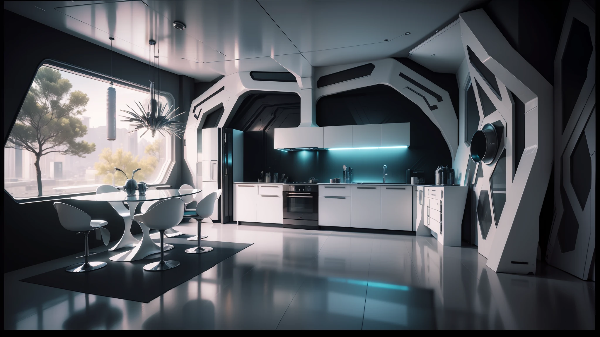 there is a kitchen with a table and chairs in it, futuristic interior, futuristic decor, cyberpunk apartment, futuristic looking living room, futuristic room, sci - fi interior, futuristic. game cg, retro futuristic apartment, unreal engine 5 : :, the cyberpunk apartment, unreal engine 3 d rendering, realistic unreal engine 3 d game, futuristic room background, unreal engine render style --auto --s2