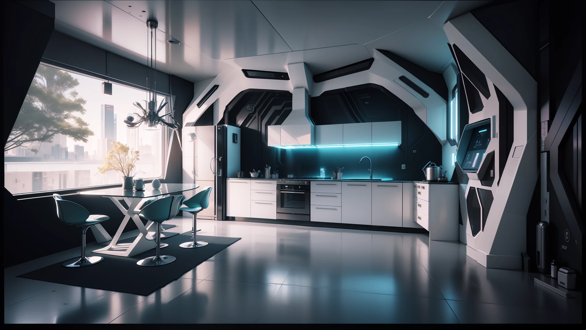 there is a kitchen with a table and chairs in it, futuristic interior, futuristic decor, cyberpunk apartment, futuristic looking living room, futuristic room, sci - fi interior, futuristic. game cg, retro futuristic apartment, unreal engine 5 : :, the cyberpunk apartment, unreal engine 3 d rendering, realistic unreal engine 3 d game, futuristic room background, unreal engine render style --auto --s2