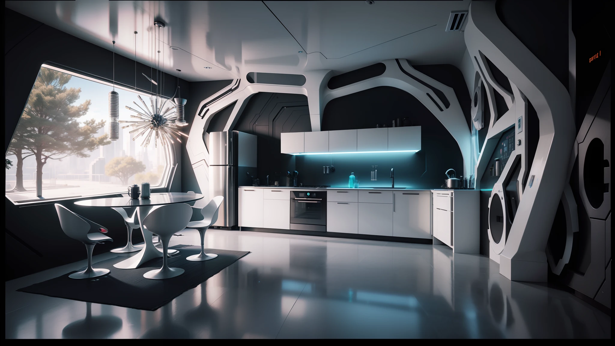 there is a kitchen with a table and chairs in it, futuristic interior, futuristic decor, cyberpunk apartment, futuristic looking living room, futuristic room, sci - fi interior, futuristic. game cg, retro futuristic apartment, unreal engine 5 : :, the cyberpunk apartment, unreal engine 3 d rendering, realistic unreal engine 3 d game, futuristic room background, unreal engine render style --auto --s2