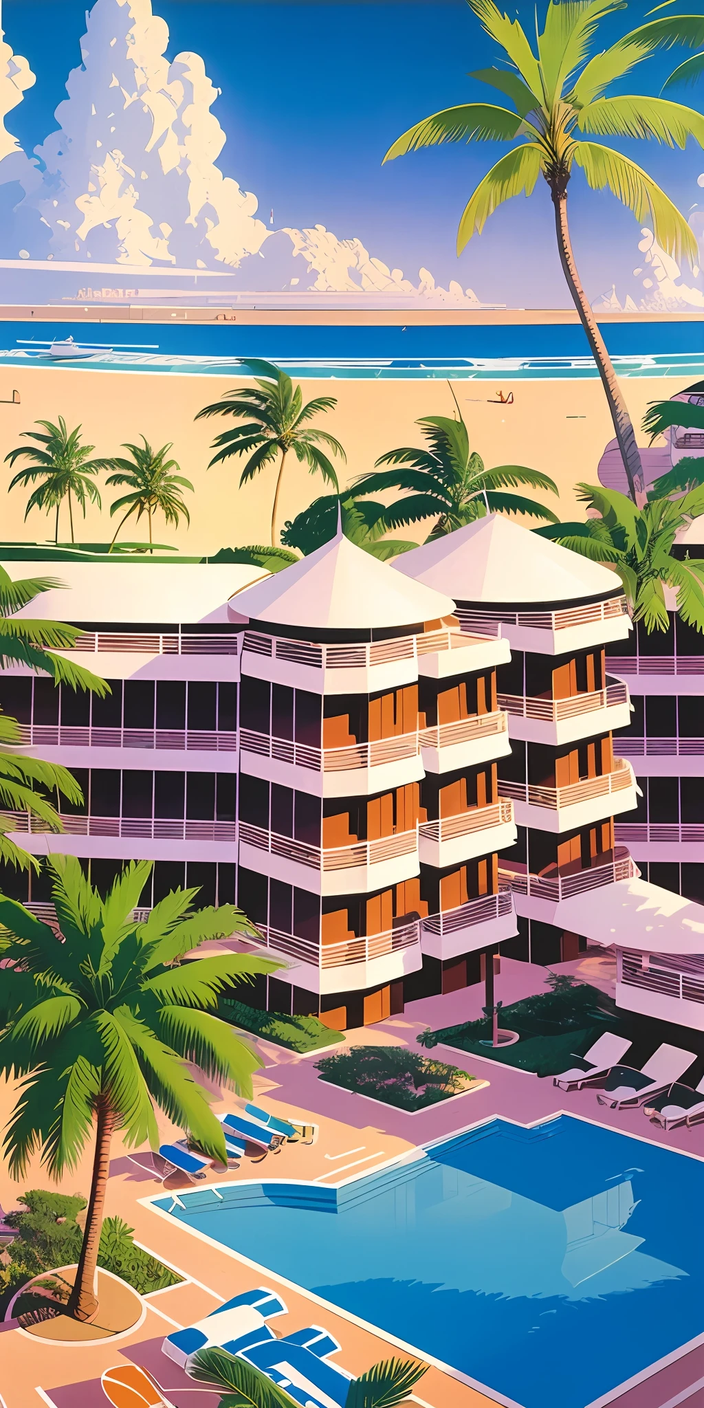 (art by Syd Mead), sunny hotel resort near beach, high details, high resolution, HD,