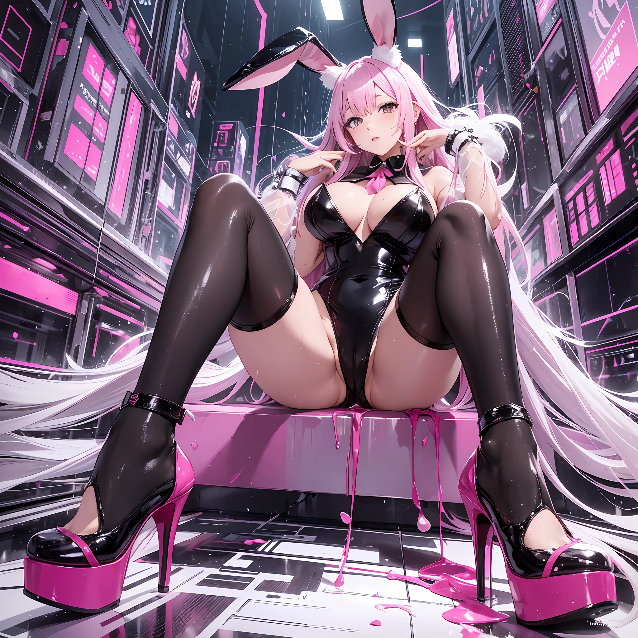 Rabbit tail, fake rabbit ears, pink gel coat, high split collar, black silk, white background, long legs, full body picture Big breasts, crystal high heels, wet clothes