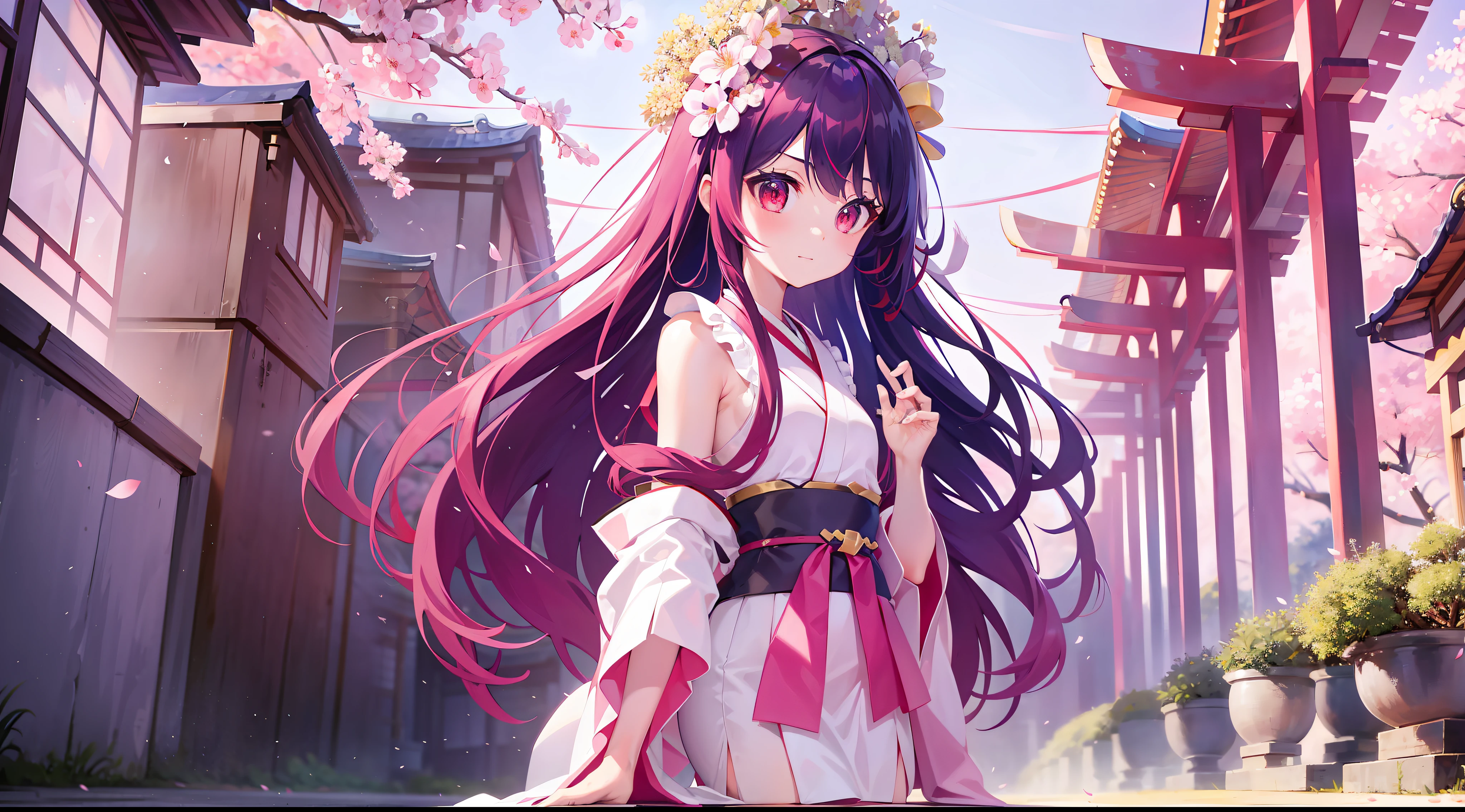 Beautiful girl with long hair, red eyes, long pink hair, translucent hair, ribbon, wearing kimono, exposed shoulders and arms, white stockings, perfect figure, full body, looking back, looking back, looking at the audience, Japan, cherry blossoms, shrines, roadside flowers, best quality, 8K, high saturation, rich details, delicate, low viewing angle, medium field of view
