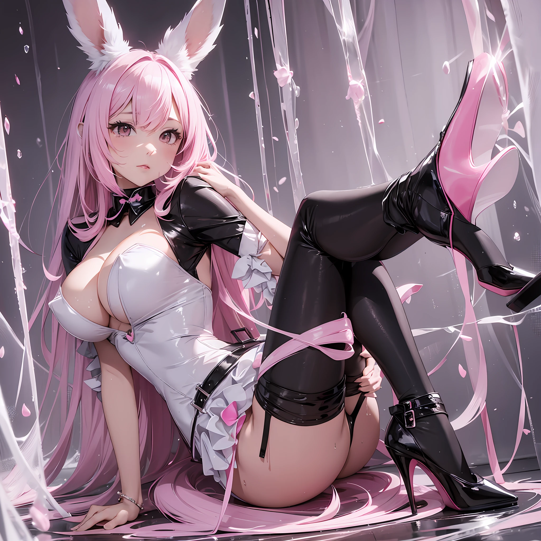 Rabbit tail, fake rabbit ears, pink gel coat, high split collar, black silk, white background, long legs, full body picture Big breasts, crystal high heels, wet clothes