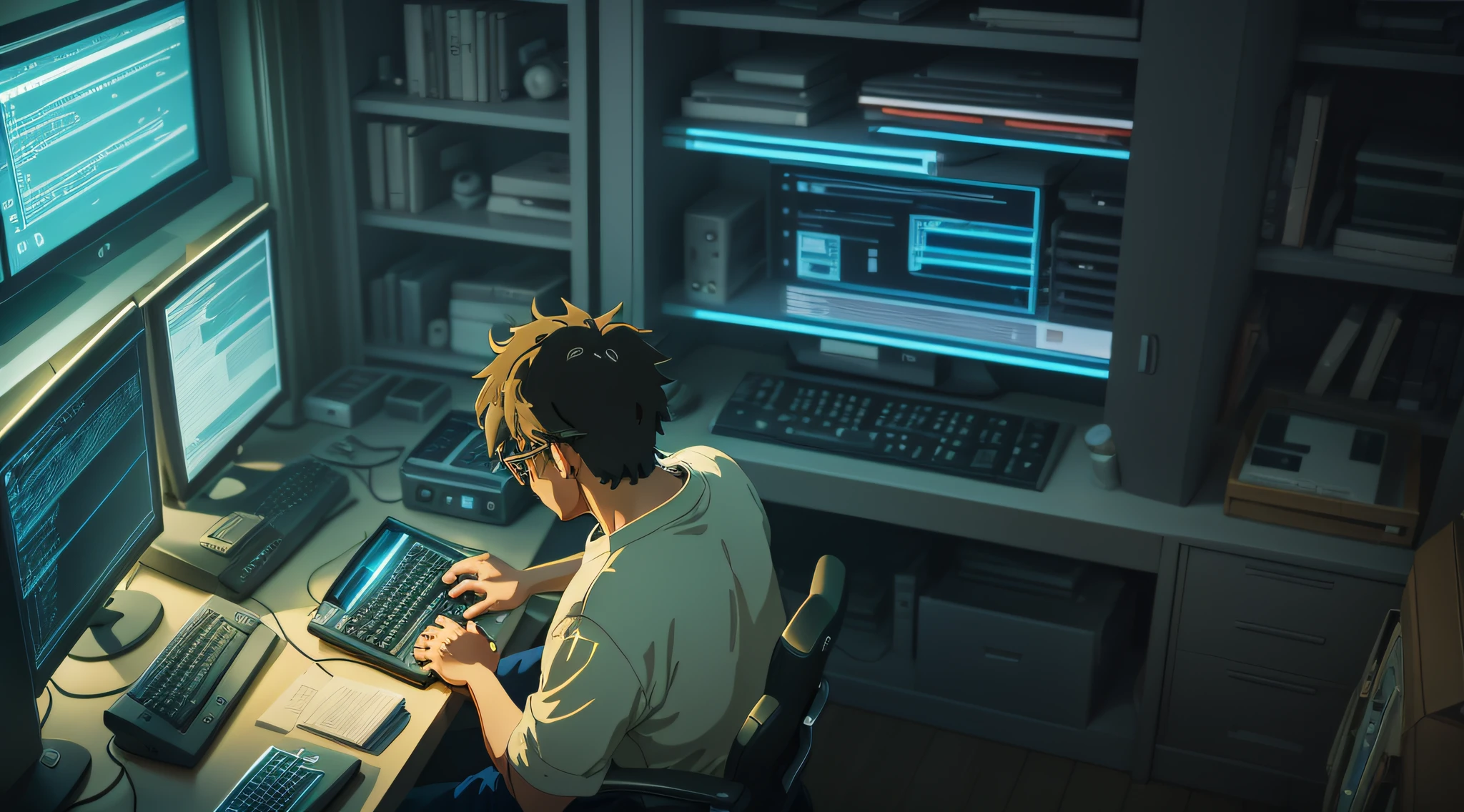 A 40-year-old nerdy man is programming on a computer in a room full of gadgets, by Makoto Shinkai and Ghibli Studio, dramatic lighting, highly detailed, incredible quality