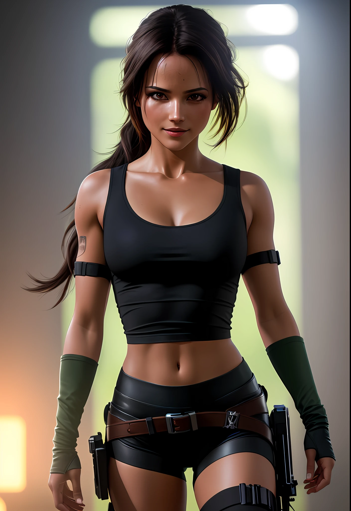 (black tomb raider outfit 18 years: 1.2), eyes half closed, crying, modelshoot style, (extremely detailed CG unit 8k wallpaper), woman, masterpiece, highres, shallow depth of field, sharp focus, hdr, 8k, Cannon EOS 5D Mark III, 85mm, cinematic, cute punk, symmetry, Flirty character portrait, full body, amazing photography, dynamic composition, full body photo,  De-Noise, f 5.6, 85mm, CineStill 800T, film photo, fluid, elegant pose, realistic portrait, round eyes, skin texture, soft natural lighting, intimate composition, Cinestill 800T, modelshoot style, (8k wallpaper), perfect, masterpiece, highres, absurdres, wide light, sharp focus, natural lighting, masterpiece, 4K, high quality, (((slim))), (smile), (big eyes)