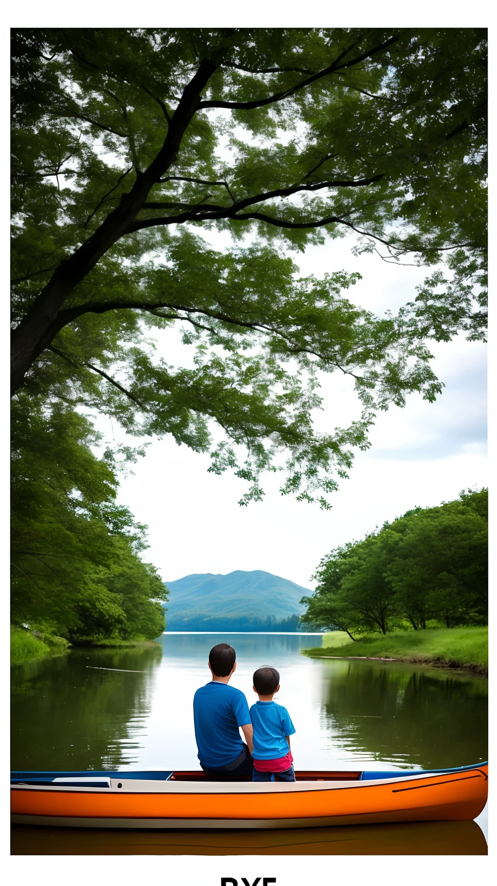 Posters, illustrations. A middle-aged father and his child, Asian. They sat in a small boat, paddled and enjoyed the scenery of the lake. The father smiled and looked at the child, and the child looked back at the father happily. There is a lot of love and warmth between them. The background of the picture is a green meadow with several white clouds and a tall tree. A sign hangs from the tree that reads, "Happy Father's Day." Ultra HD, Ultra Fine, 8K.