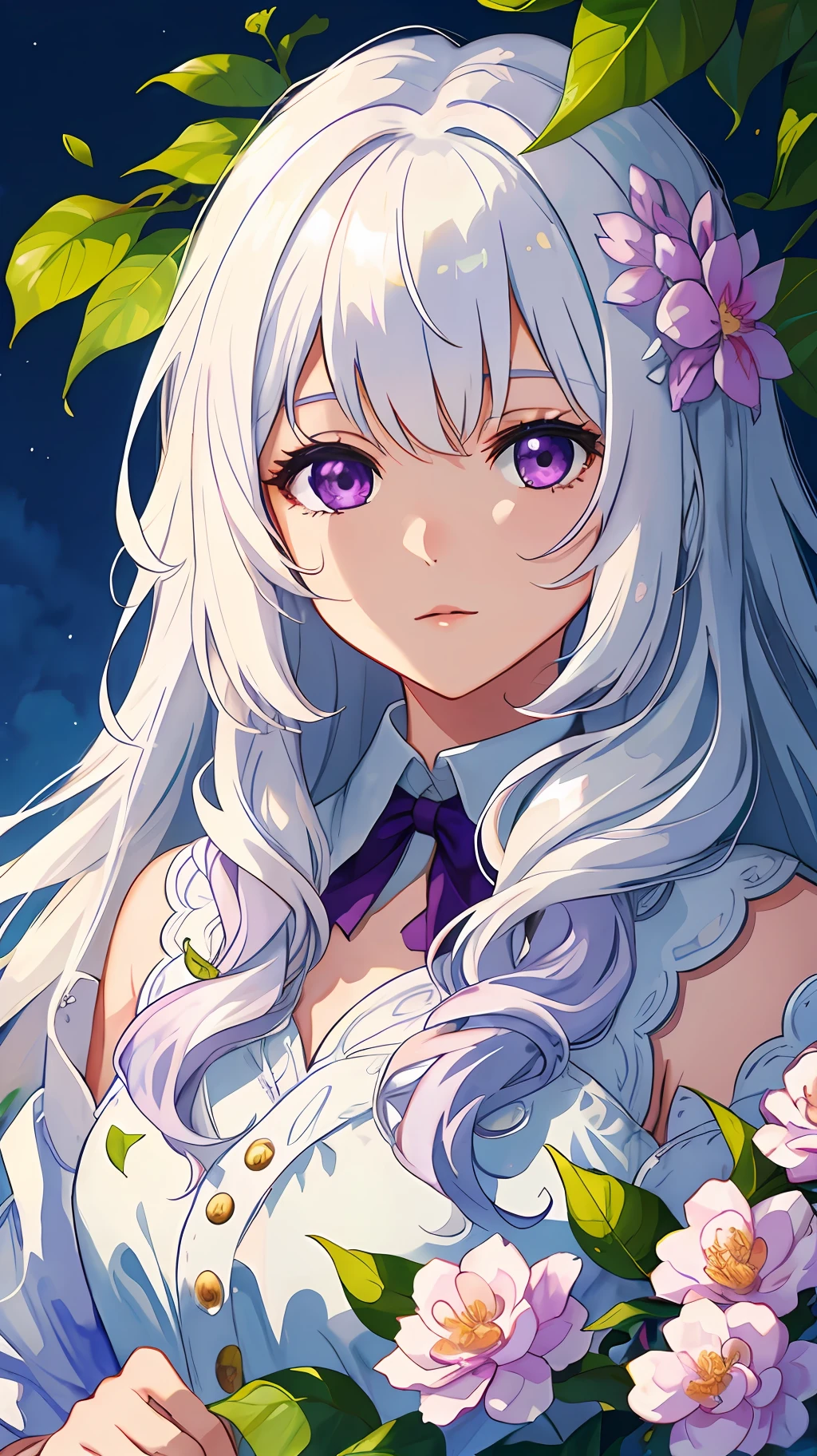(Watercolor: 1.2), Sharp Focus: 1.2, Highest Quality Len's, Long Hair, Bangs, 1 Girl, Solo, Flower, Portrait, Leaf, Curly Hair, White Hair, Purple Eyes, Flowers Around, Close-up, Beautiful, Highest Quality Digital Art, Stunning Art, Wallpapers 4k, 8k, 64k, HD, Unparalleled Masterpiece, Dynamic Lighting, Movie, Epic