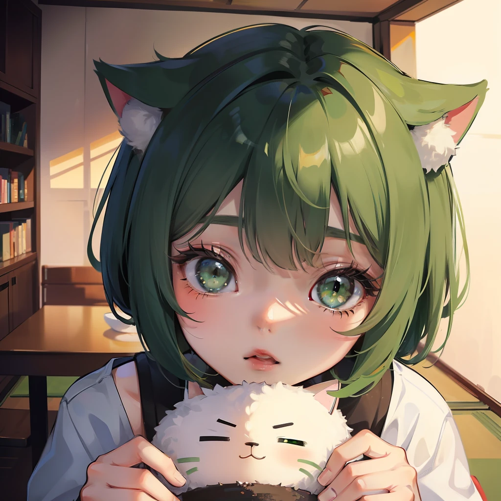 Big Japan rice balls, cat girl (green short bob, green eyes)