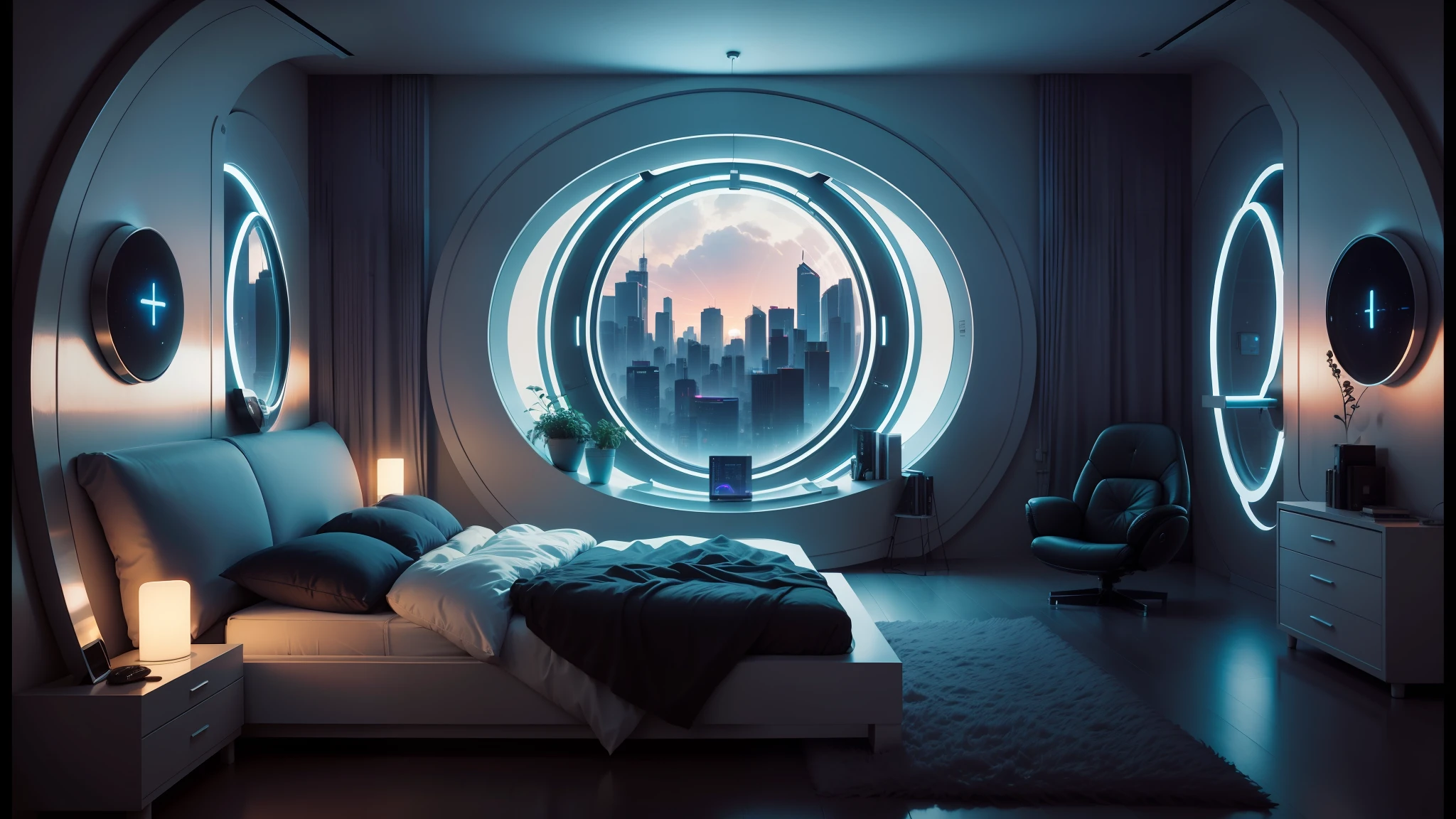 arafed bedroom with a circular window and a bed with a white headboard, futuristic room background, cozy 9 0 s bedroom retrofuturism, cyberpunk ager bedroom, retro futuristic apartment, cyberpunk bedroom at night, cyberpunk apartment, cyberpunk childrens bedroom, futuristic decor, futuristic room, the cyberpunk apartment, symmetrical neon rim light, in a cyberpunk themed room, futuristic ambiance --auto --s2