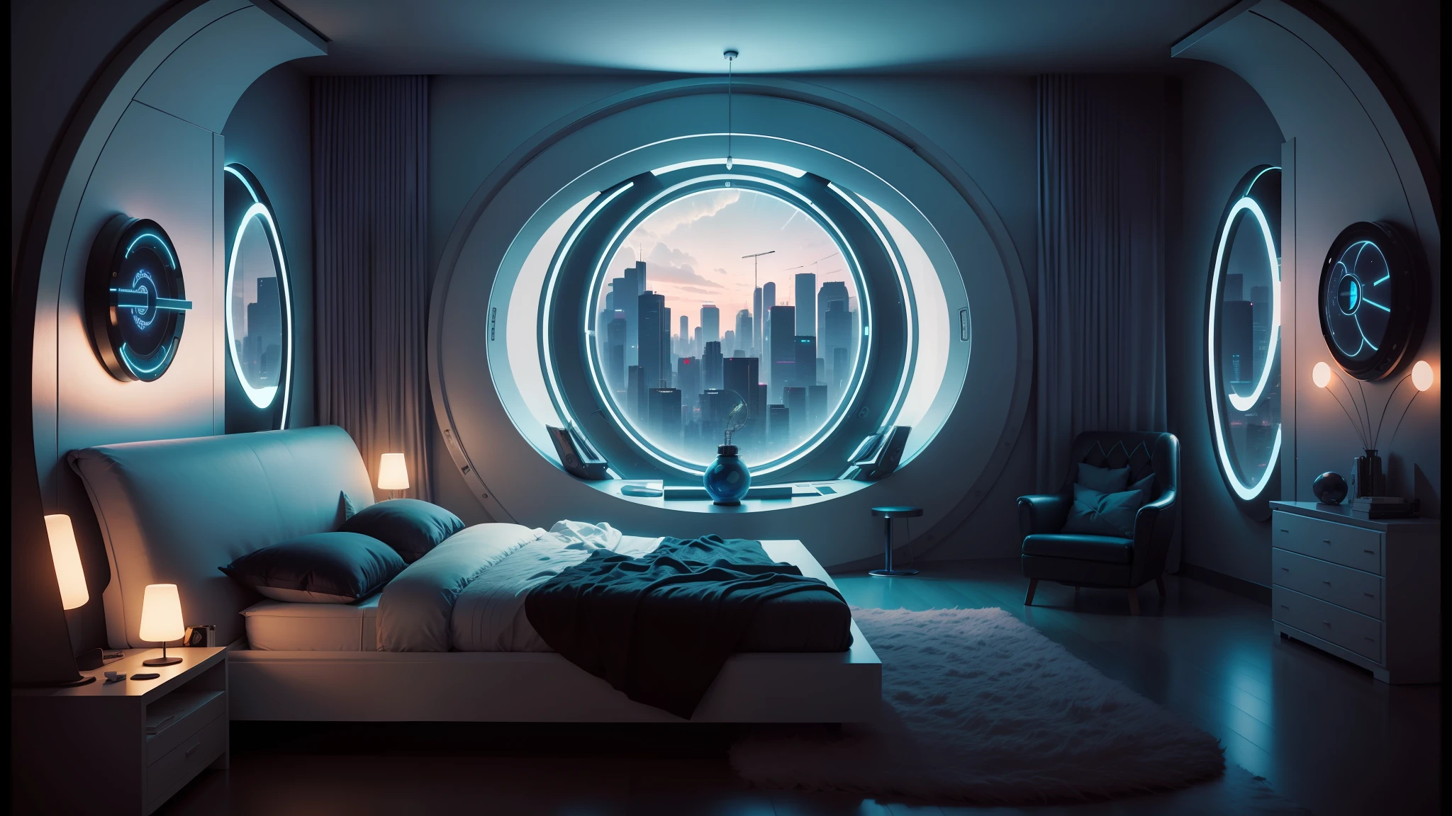 arafed bedroom with a circular window and a bed with a white headboard, futuristic room background, cozy 9 0 s bedroom retrofuturism, cyberpunk teenager bedroom, retro futuristic apartment, cyberpunk bedroom at night, cyberpunk apartment, cyberpunk childrens bedroom, futuristic decor, futuristic room, the cyberpunk apartment, symmetrical neon rim light, in a cyberpunk themed room, futuristic ambiance --auto --s2