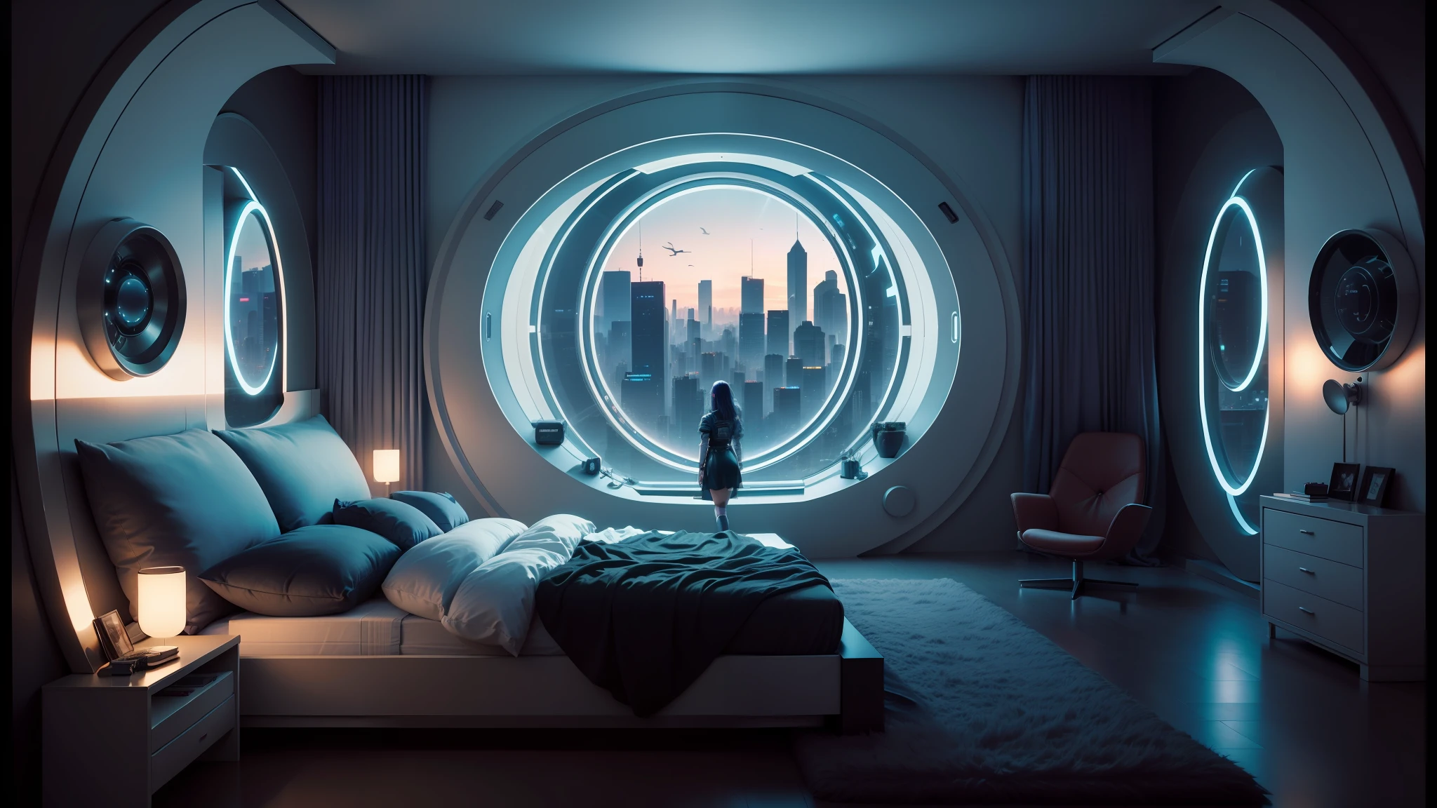 arafed bedroom with a circular window and a bed with a white headboard, futuristic room background, cozy 9 0 s bedroom retrofuturism, cyberpunk ager bedroom, retro futuristic apartment, cyberpunk bedroom at night, cyberpunk apartment, cyberpunk childrens bedroom, futuristic decor, futuristic room, the cyberpunk apartment, symmetrical neon rim light, in a cyberpunk themed room, futuristic ambiance --auto --s2