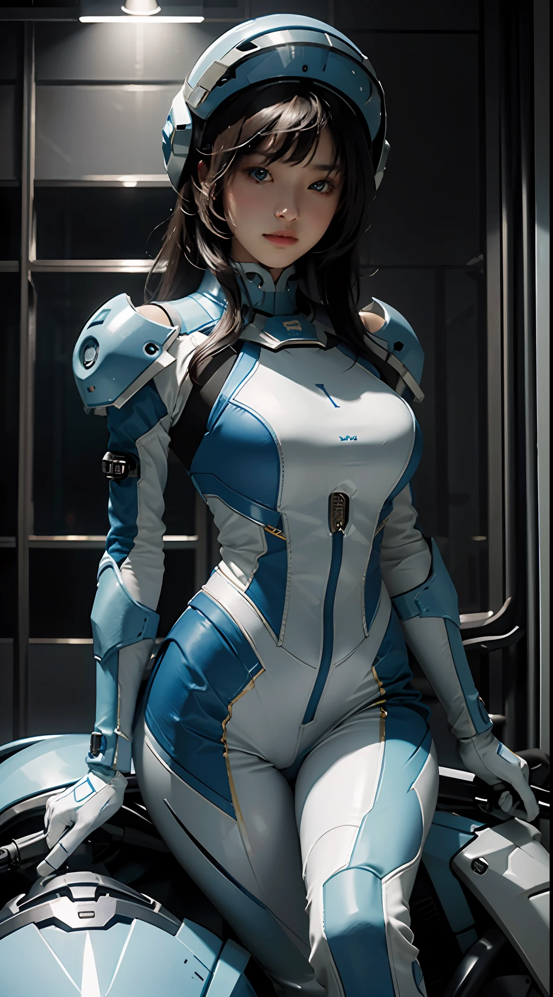 Highest image quality, outstanding details, ultra-high resolution, (fidelity: 1.4), the best illustration, favor details, highly condensed 1girl, with a delicate and beautiful face, dressed in a blue-white mecha, wearing a mecha helmet, holding a direction controller, riding on a motorcycle, the background is a high-tech lighting scene of the future city. Chest leakage