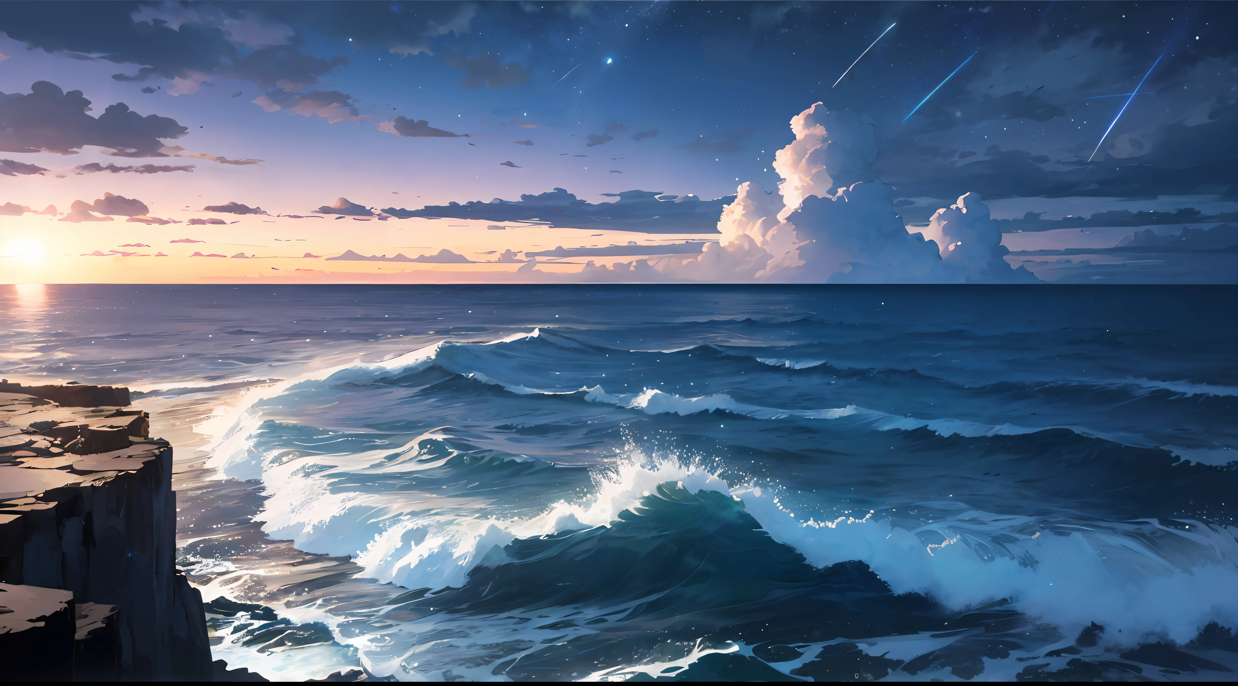 (Best Quality: 1.5), (Ultra Detail: 1.5), (Best Quality Photo: 1.5), Bright lighthouse standing on the cape, ocean as far as the eye can see, horizon, pitch black sea, full moon night, rainbow, midnight, scenic, beautiful landscape, galaxy, nebula, full of stars, light particles, very delicate and beautiful, very detailed, bioluminescence, cinematic light, mysterious, cinematic angle, 8k resolution, elegant, perfect, smooth,