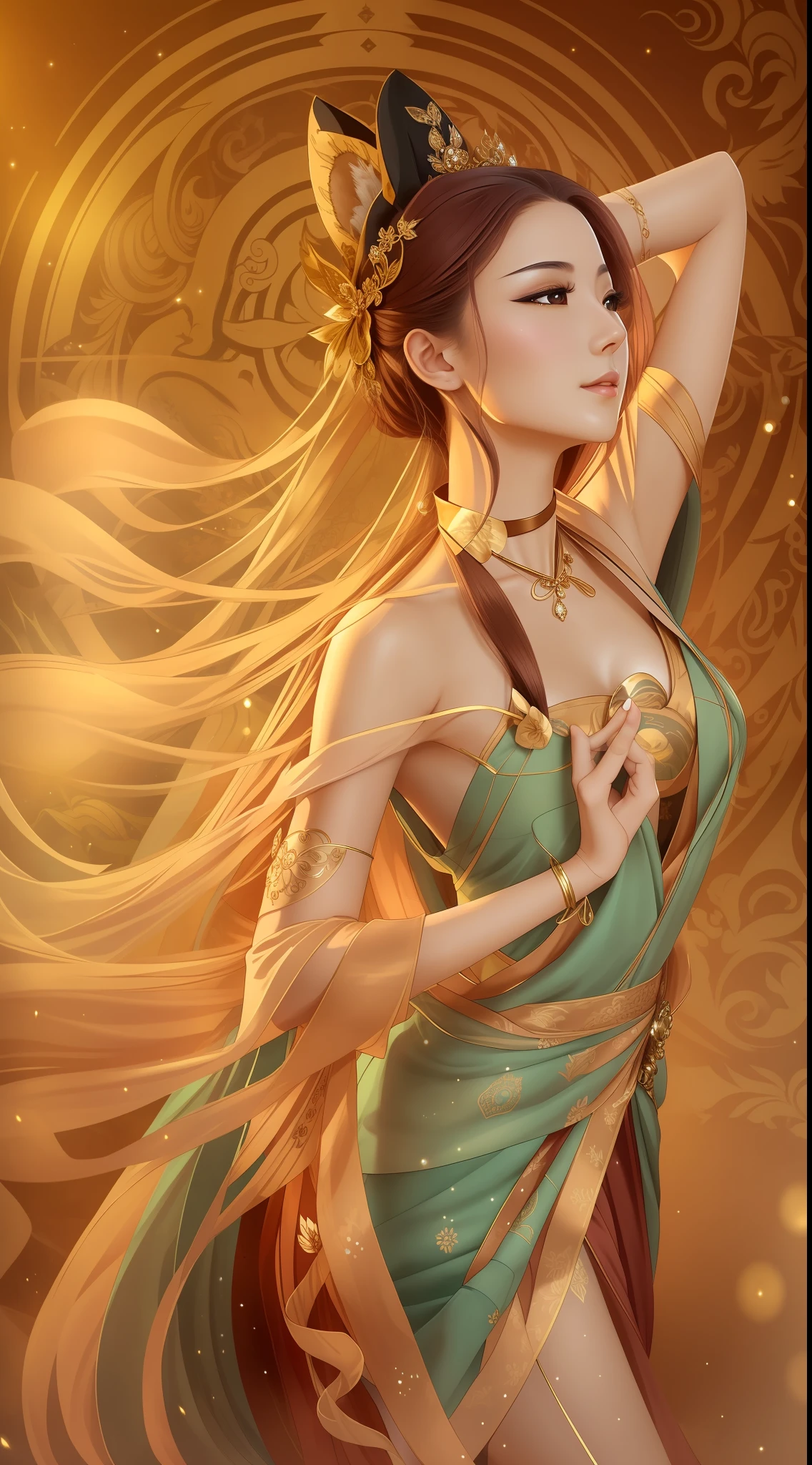 The female fox has cultivated into a human form, with a slender posture, silky skin, a beautiful face, and deep eyes, as if there is a special wisdom in it. She wears a gorgeous brocade robe embroidered with delicate patterns, showing exquisite craftsmanship in the details. He wears a red hairpin set with a crystal clear ruby that glitters brightly. Her body exudes a faint fragrance, which makes people feel refreshed, as if they are in the clouds. Her body is flexible and light, and her walking seems to have a sense of ethereal, like a swallow in the sky. Although she has cultivated into a human form, she can still feel the fox qi flowing in her body, which makes people can't help but feel a mysterious and amazing feeling towards her. She is a beautiful and mysterious female fox, exuding charming charm, clear details, clear fingers, ultra-clear, retina, background ancient attic, street,