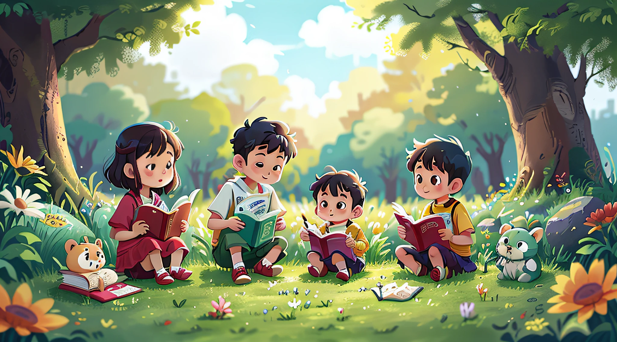 Xiaoming's family of three read books, listen to music, spring outings, and green walks, and the grass is full of wildflowers