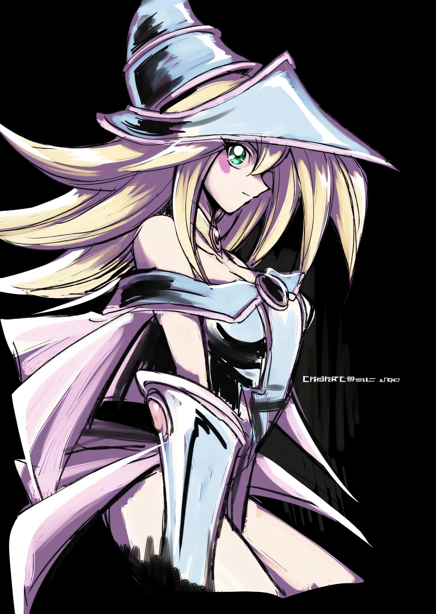 Woman in cloak with witch hat and sword, black magician girl, beautiful dark magician girl, guilty gear art style, Yu-Gi-Oh dark magician girl, Yu-Gi-Oh art style, Digimon Angewomon , Chrono Trigger Guilty Gear style, Yu-Gi-Oh artwork, magician, zero-chan art, game art!!