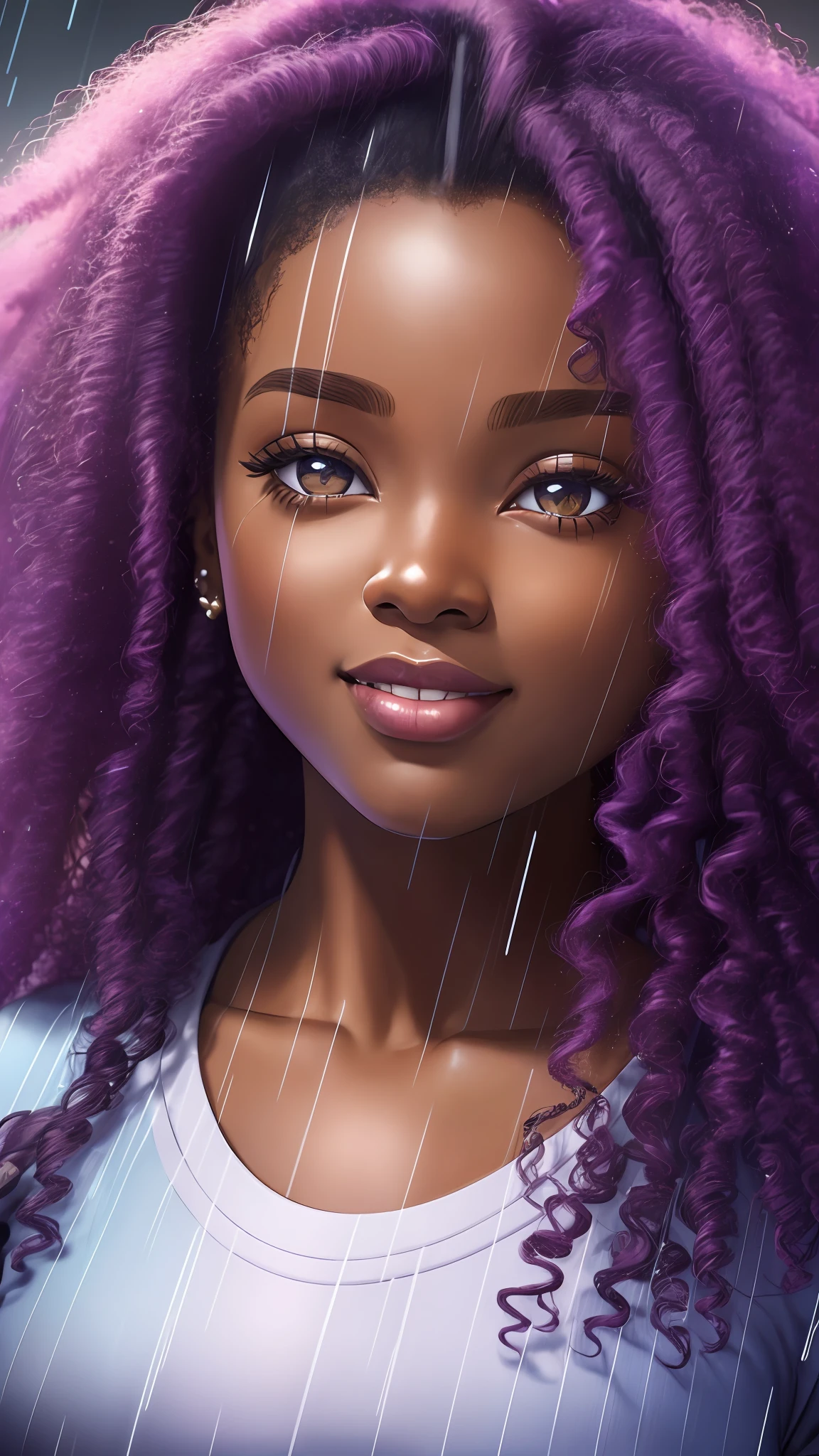 realistic portrait of beautiful 9  afro-futuristic baby girlark skin color)) eating fruit, ((chibi)), cute smile, ((in the rain)), wearing purple plain t-shirt and jeans, current fashion, mega hair long curly hair, ((kanekalon)), (cinematic contour lighting), close-up, product preview, detailed facial details, perfect face, sharpness, trend art, sharp facial details, cgsociety , very high digital art quality, exquisite hyperdetail, 4k, 3D, 8k soft lighting, dreamy  fashion --auto --s2