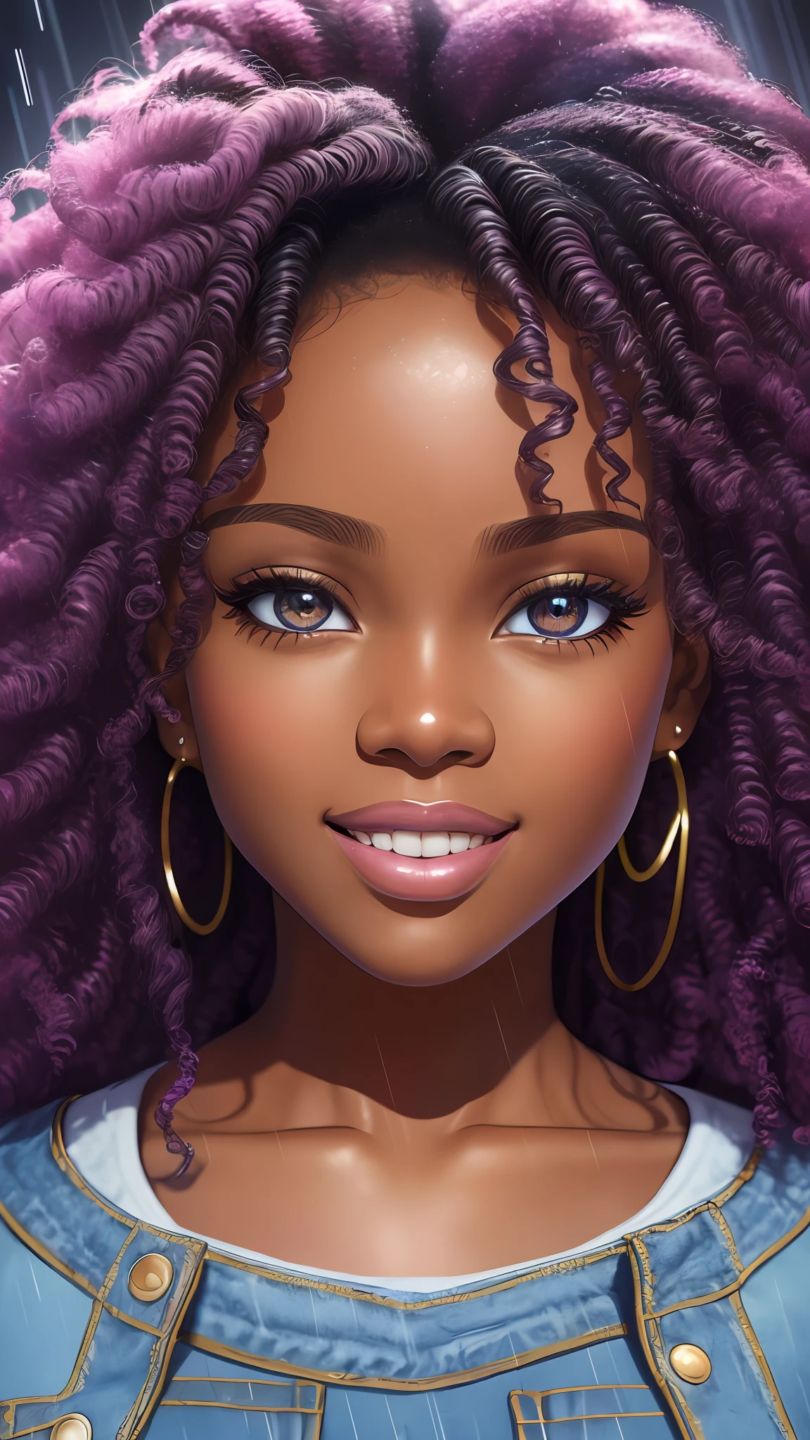 realistic portrait of beautiful 9 month old afro-futuristic baby girl ((dark skin color)) eating fruit, ((chibi)), cute smile, ((in the rain)), wearing purple plain t-shirt and jeans, current fashion, mega hair long curly hair, ((kanekalon)), (cinematic contour lighting), close-up, product preview, detailed facial details, perfect face, sharpness, trend art, sharp facial details, cgsociety , very high digital art quality, exquisite hyperdetail, 4k, 3D, 8k soft lighting, dreamy fashion --auto --s2