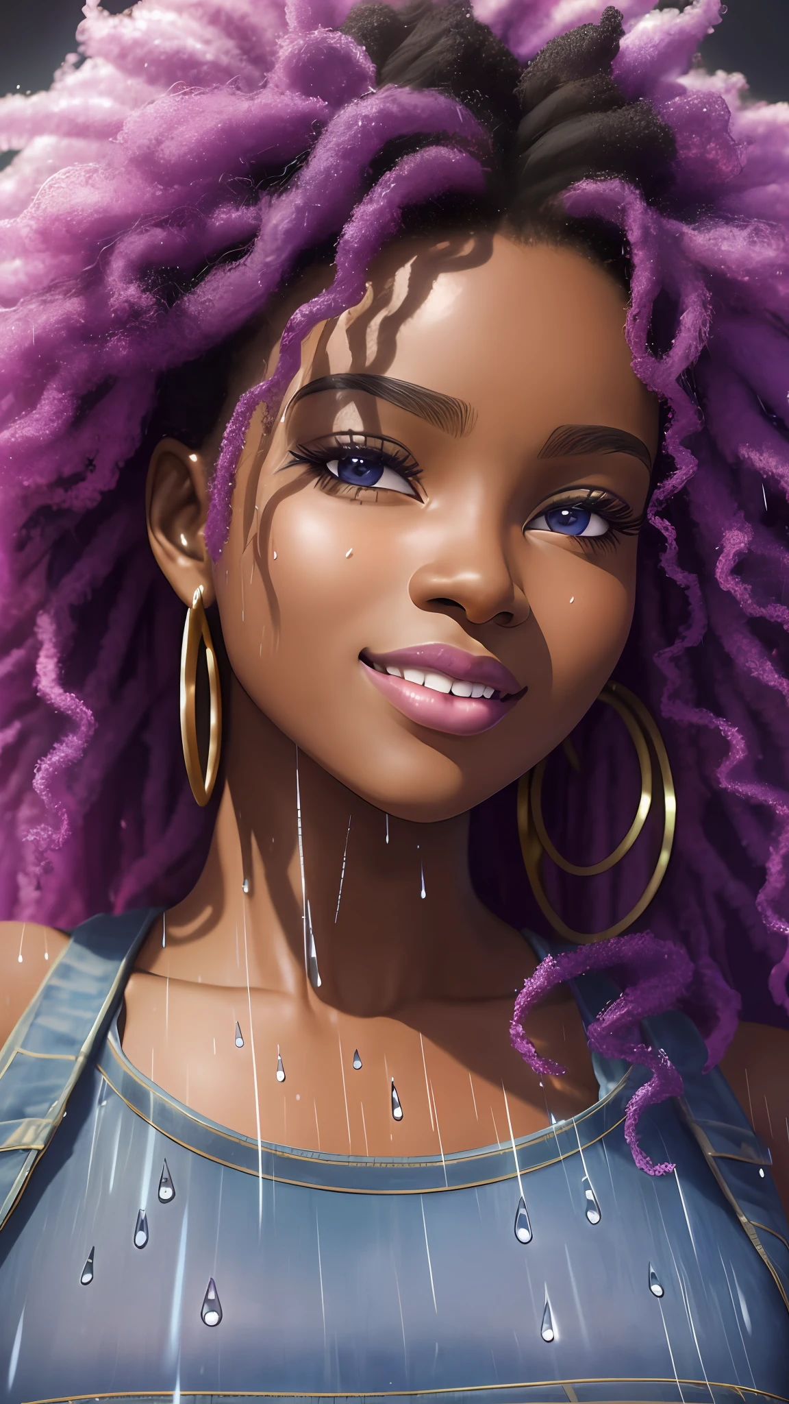 realistic portrait of beautiful 9 afro-futuristic baby girlark skin color)) eating fruit, ((chibi)), cute smile, ((in the rain)), wearing purple plain t-shirt and jeans, current fashion, mega hair long curly hair, ((kanekalon)), (cinematic contour lighting), close-up, product preview, detailed facial details, perfect face, sharpness, trend art, sharp facial details, cgsociety , very high digital art quality, exquisite hyperdetail, 4k, 3D, 8k soft lighting, dreamy fashion --auto --s2