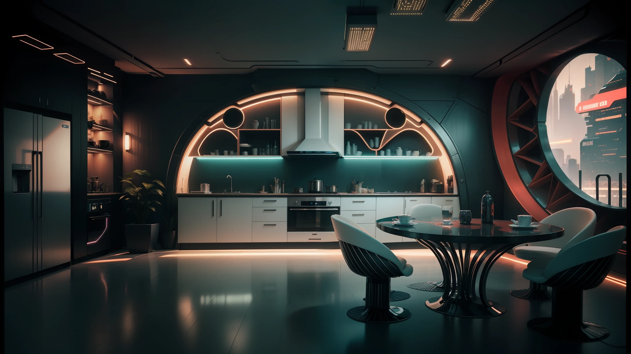 there is a kitchen with a table and chairs in it, retro futuristic apartment, futuristic decor, futuristic interior, cyberpunk apartment, the cyberpunk apartment, futuristic room background, sci - fi interior, futuristic. game cg, futuristic decoration, bladerunner apartment, futuristic room, cyberpunk interior, in a cyberpunk themed room, glowing interior lighting, futuristic looking living room, futuristic ambiance --auto --s2