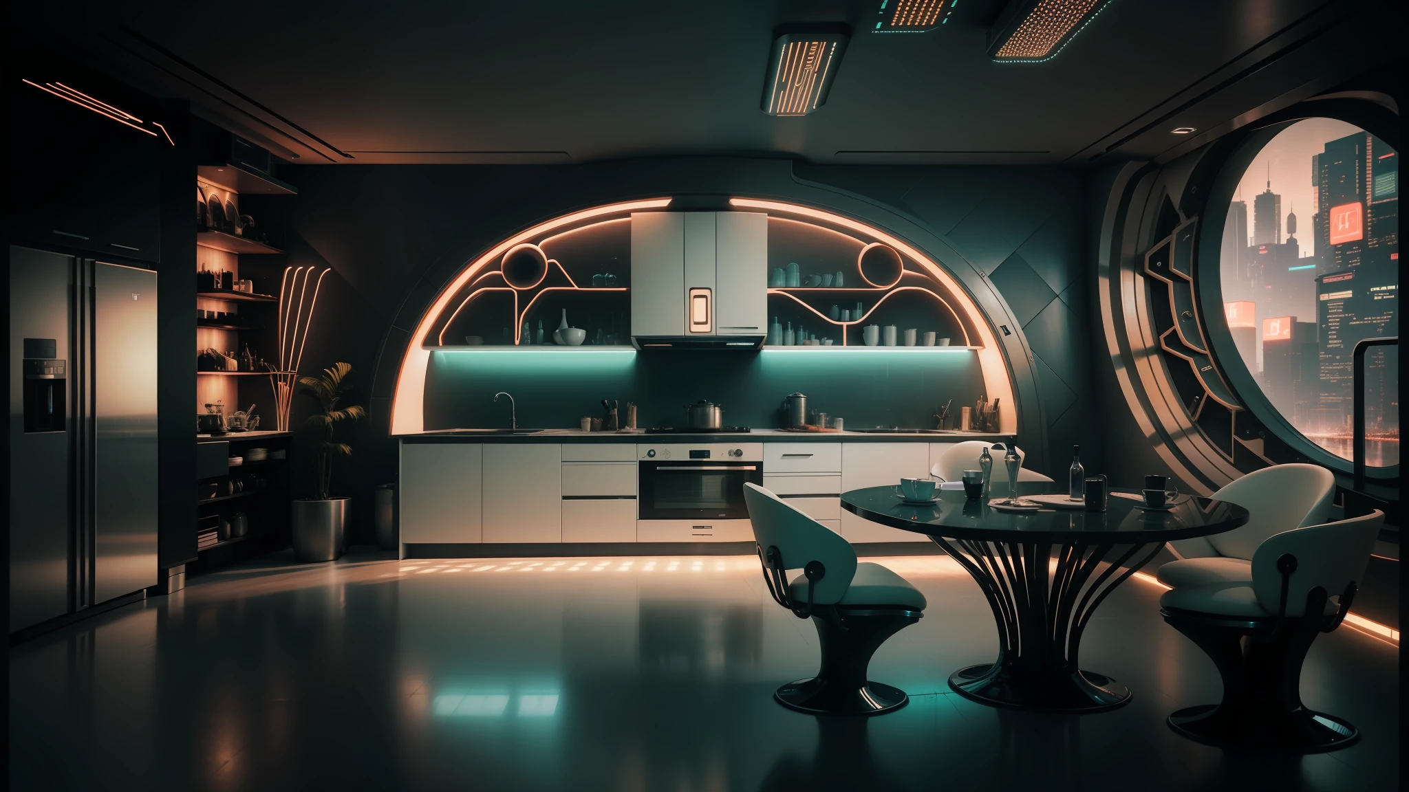 there is a kitchen with a table and chairs in it, retro futuristic apartment, futuristic decor, futuristic interior, cyberpunk apartment, the cyberpunk apartment, futuristic room background, sci - fi interior, futuristic. game cg, futuristic decoration, bladerunner apartment, futuristic room, cyberpunk interior, in a cyberpunk themed room, glowing interior lighting, futuristic looking living room, futuristic ambiance --auto --s2