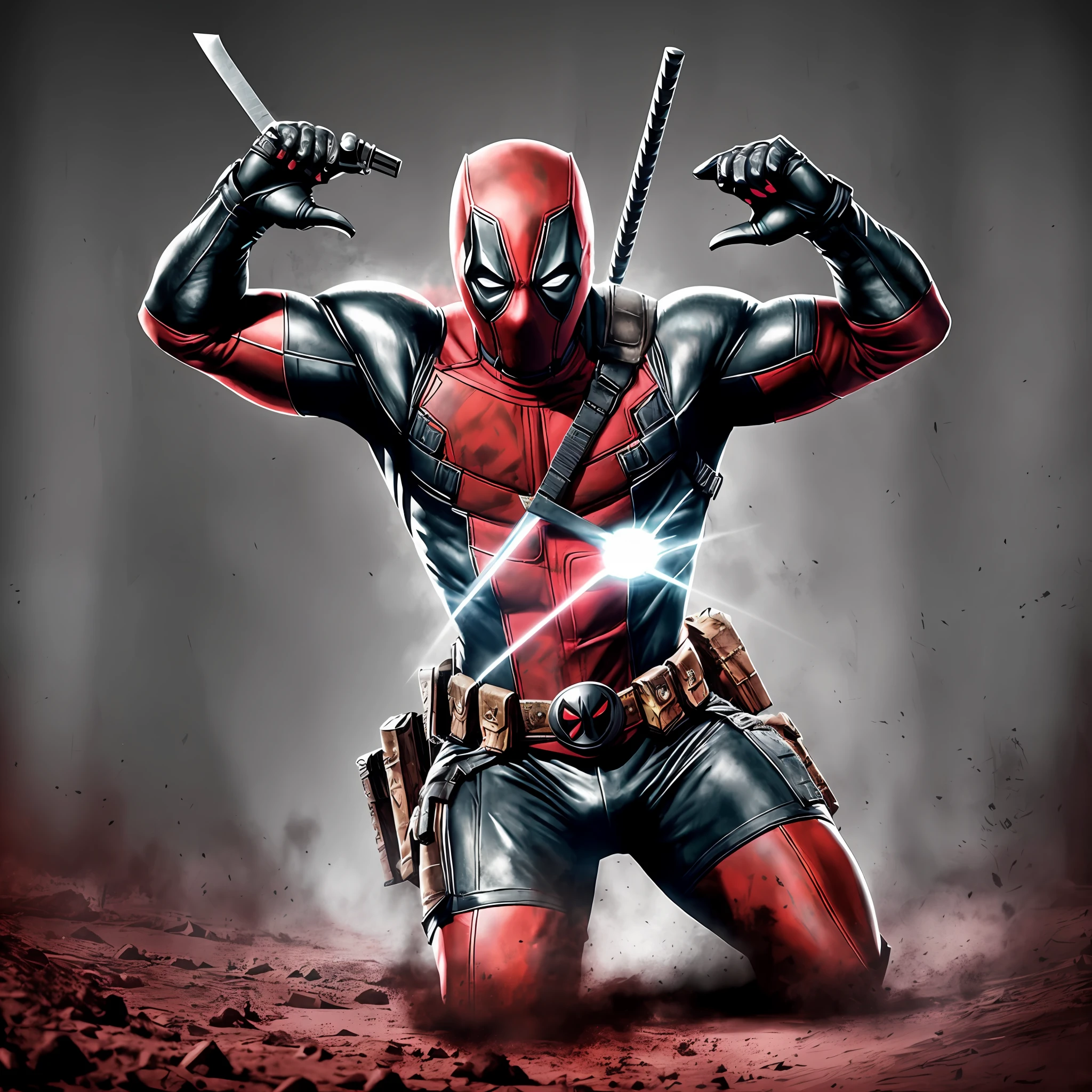 I'd like an image of Deadpool in a dark environment, like a cave or a dark alley. The image should be super detailed, showing all your equipment, such as your swords, your pistols and your accessories. He must be holding his swords in combat position, ready to attack. Your eyes must be glowing red, showing your sarcastic and antagonistic personality.

The environment around Deadpool should be dark and gloomy, with poor lighting, to highlight its presence. The light should be focused on Deadpool's swords and face, to enhance his expression and his equipment. The image should be realistic and detailed, with well-defined textures and shadows.

In addition, the image should be well balanced and aesthetically pleasing, with a balanced visual composition. All elements of the image must be well positioned and organized, to create a captivating and engaging scene. This image should be a true work of art, ready to be used as wallpaper or as a collector's item for fans of the character." --auto --s2