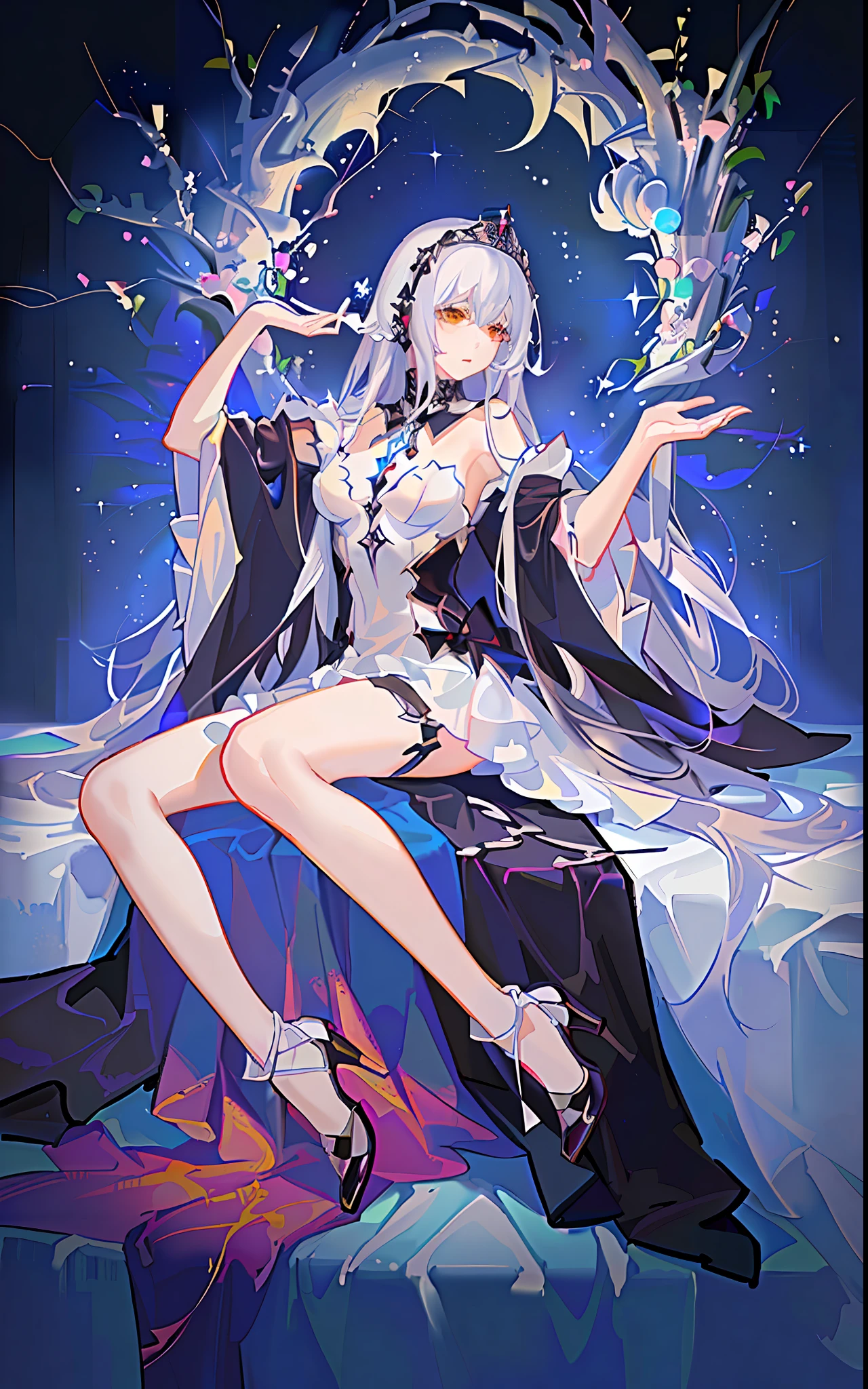 Anime - Style illustration of a woman in a white dress sitting on bed, from Arknights, popular on ArtStation Pixiv, albedo from anime overlord, albedo from overlord, ((beautiful fantasy queen)), Kushat Krenz key art feminization, zero zen art, digital art on Pixiv with hands blocked by head