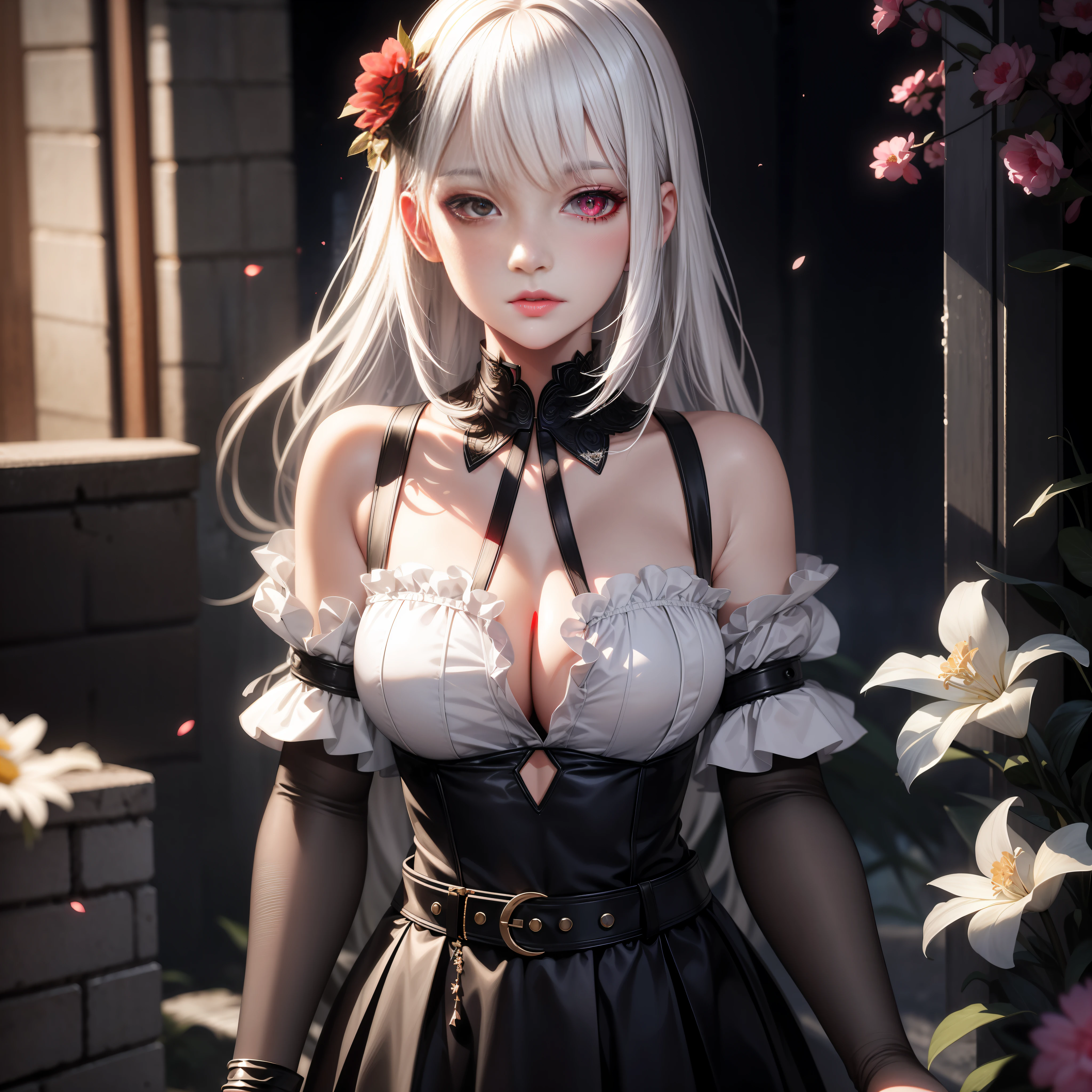 realistic, 1girl, white hair, blood eyes, glowing eyes, cut top, skirt, parted lips, blush, night, flowers, sun, sunlight,