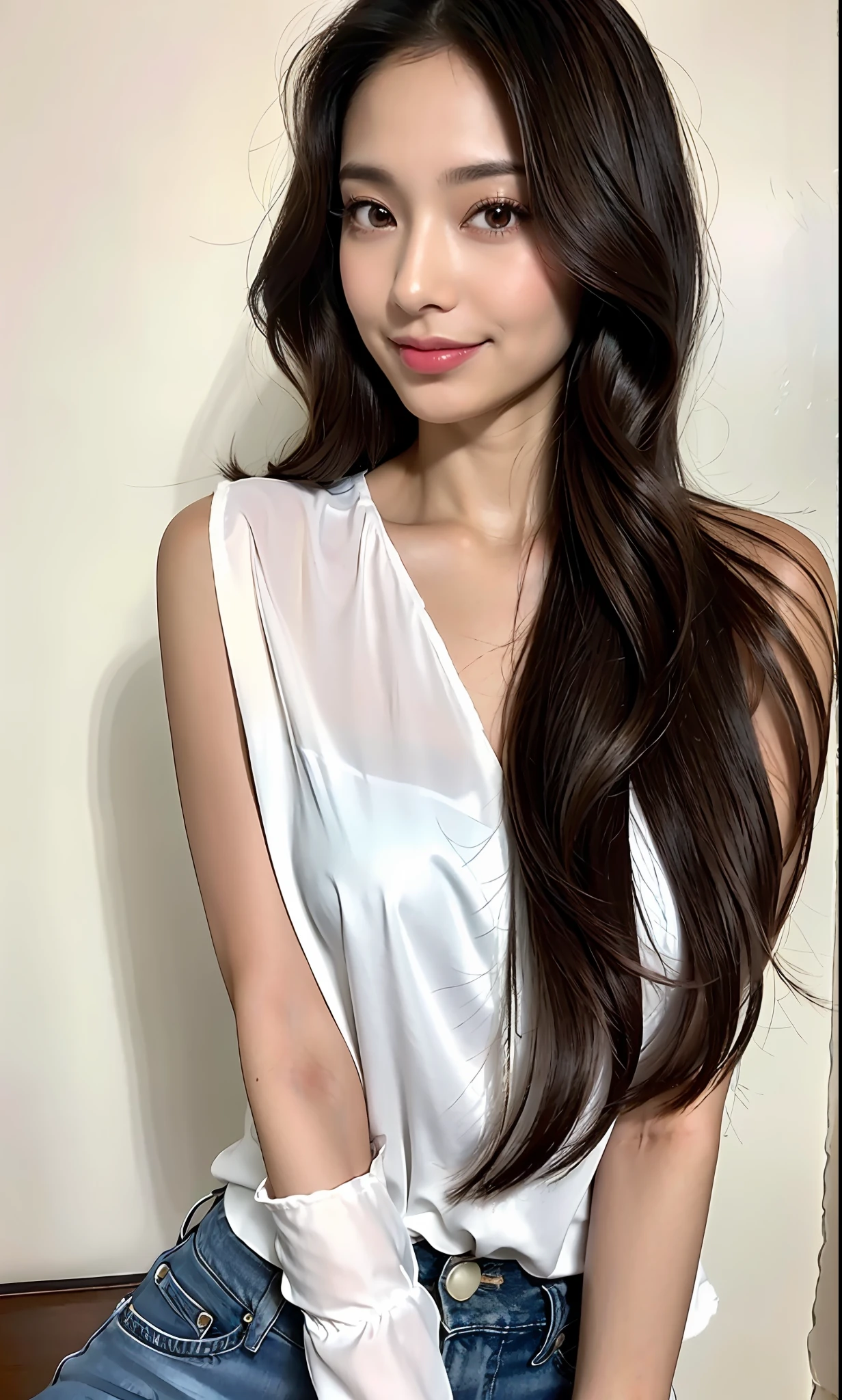 [Prompt for creating a photo of a glossy hair model at a beauty salon]
Gender: Female
Age: Late 20s
Hair length and color: Medium shoulder-length hair, dark brown color
Eye color: Dark brown
Skin tone: Natural olive-toned skin tone
Styling and makeup requests: Hair is smooth and shiny. Makeup is simple and natural. She uses a light base makeup that makes her skin look brighter and a natural nudie pink lip color.
Costume style: Wear a simple and elegant blouse and jeans combination.
Facial and Pose Instructions: Pose with a confident smile and stroke your hair.
Elements and features to enhance shiny hair: Soft backlighting enhances the shine of hair. Add light waves to the hair to create a glossy feeling.