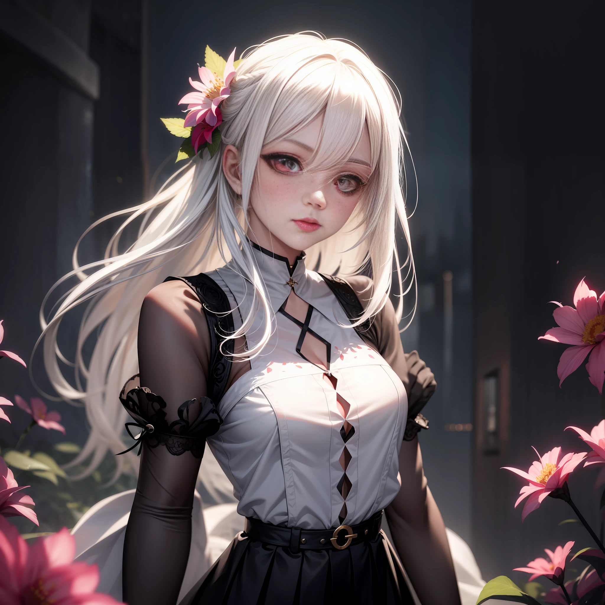 Realistic, 1girl, white hair, blood eyes, glowing eyes, cut top, skirt, parted lips, blush, night, flowers, sun, sunlight, stunning looks