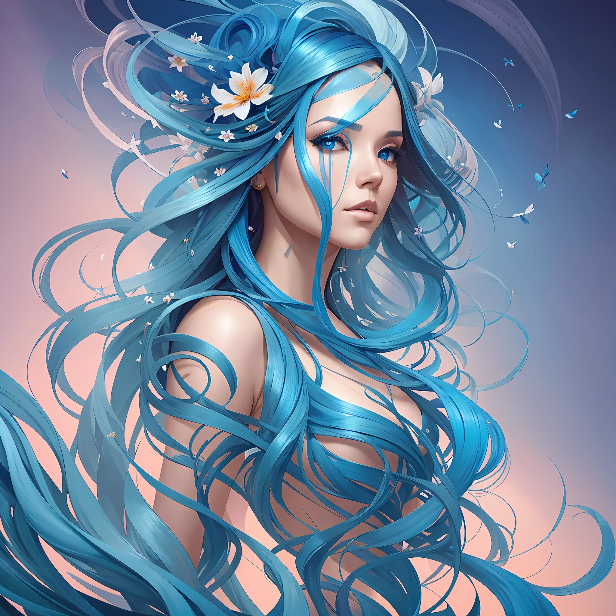 a painting of a woman with hair blowing in the wind, archan nair, ross tran and michael whelan, epic 3 d yemaya, sacredness, stephen lau and artgerm, flowers grow from the body, dribbble, 2 0 2 1 award winning painting, nft art, blue djinn, valerian, affinity photo --auto --s2