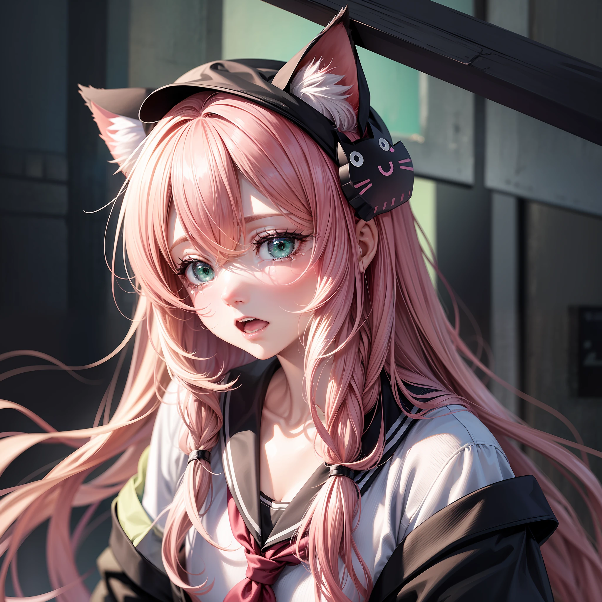 A girl with pink hair and green eyes, dressed in black and wearing a hat with cat ears on her head, (1girl:0.998), (animal ears:0.841), (blurry:0.537), (blush:0.912), ( Cat ears: 0.843), (crying: 0.989), (crying with eyes open: 0.961), (green eyes: 0.920), (looking at the audience: 0.616), (open mouth: 0.904), (pink hair: 0.989), (school uniform: 0.593), (shirt: 0.568), (solo: 0.981), (tear: 0.840), (tears: 1.000), (white shirt: 0.705) --auto --s2