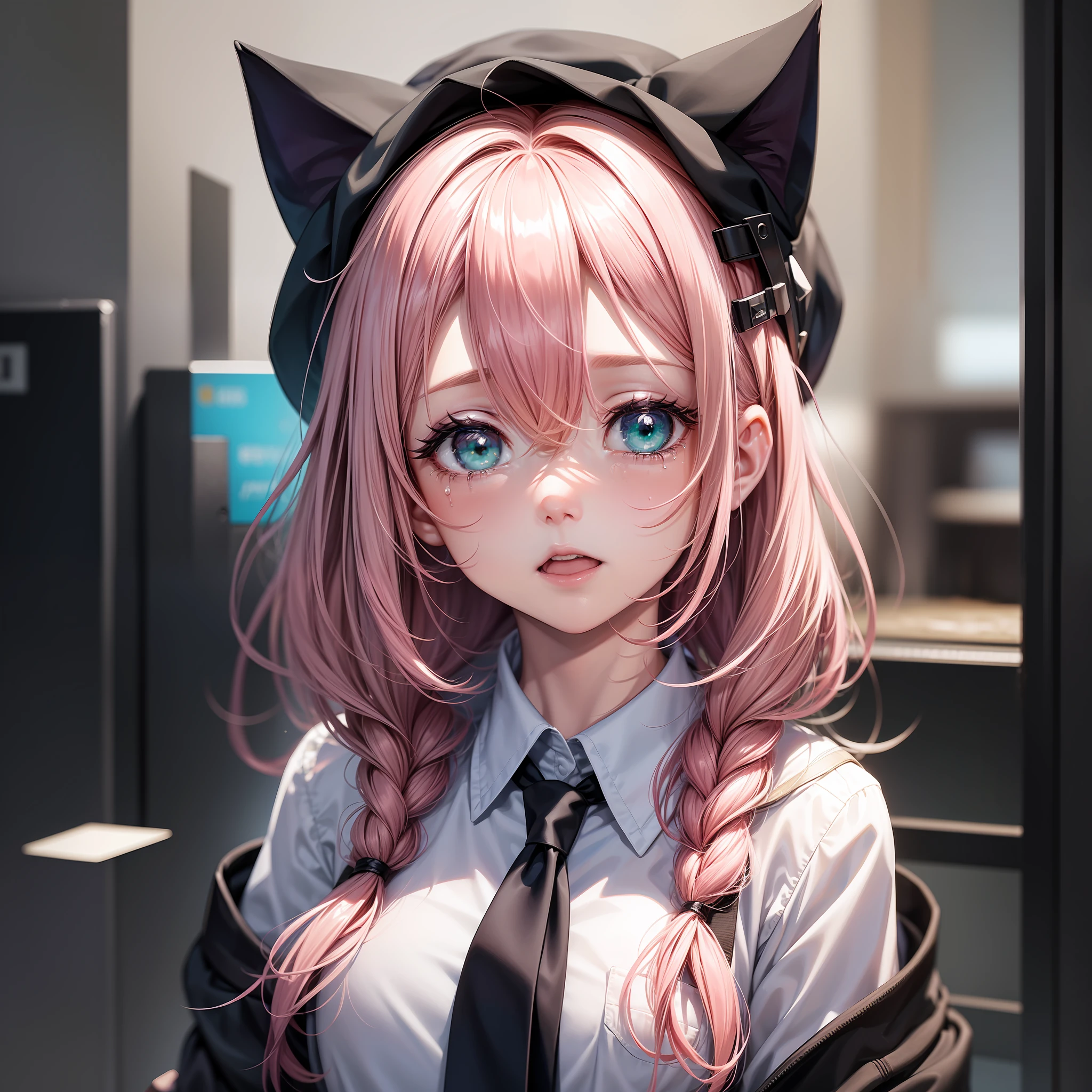A girl with pink hair and green eyes, dressed in black and wearing a hat with cat ears on her head, (1girl:0.998), (animal ears:0.841), (blurry:0.537), (blush:0.912), ( Cat ears: 0.843), (crying: 0.989), (crying with eyes open: 0.961), (green eyes: 0.920), (looking at the audience: 0.616), (open mouth: 0.904), (pink hair: 0.989), (school uniform: 0.593), (shirt: 0.568), (solo: 0.981), (tear: 0.840), (tears: 1.000), (white shirt: 0.705) --auto --s2