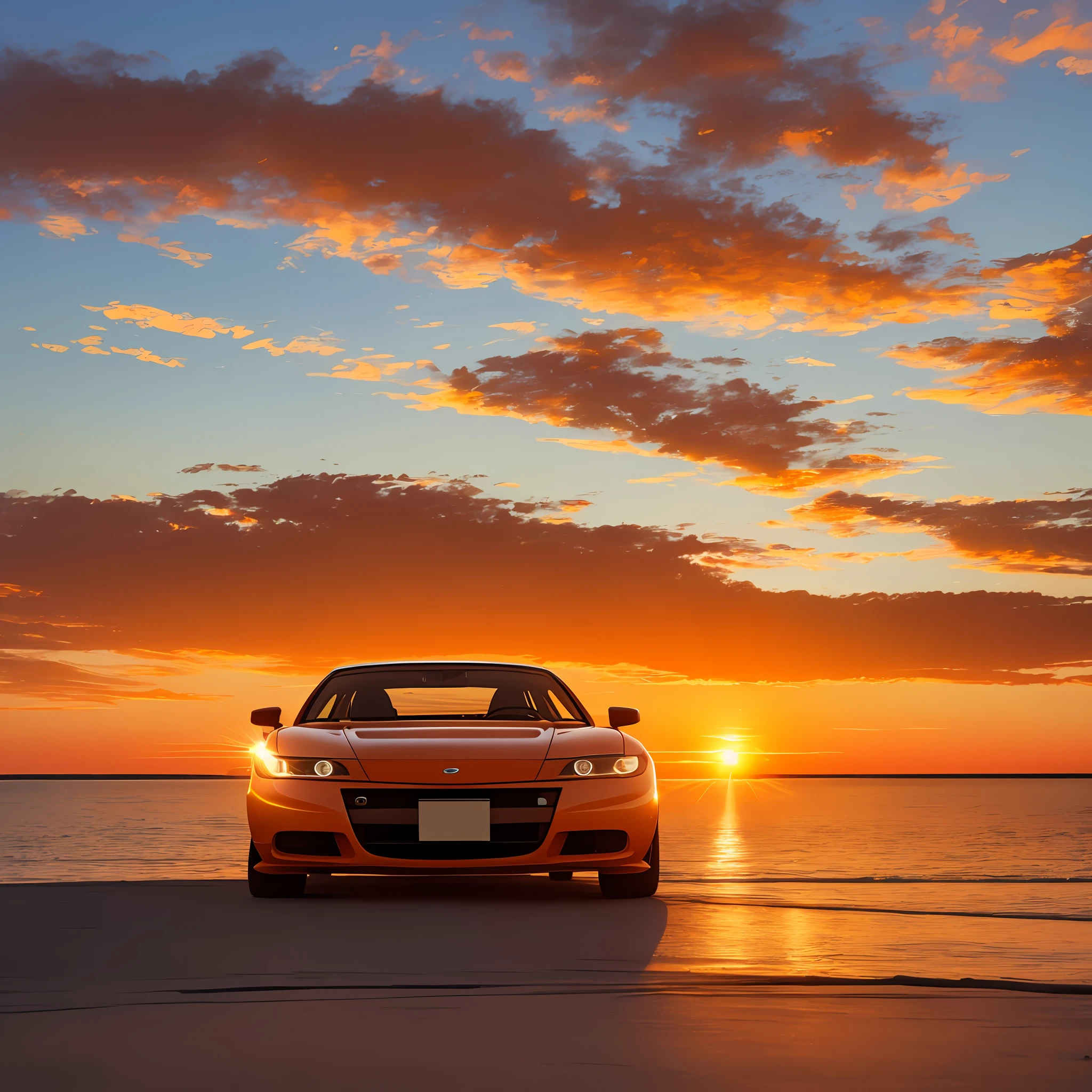 (an extremely delicate and beautiful),floating,car with stunning sunrise background,orange sky, glazed paint, clarity, crisp silhouettes, hazy shadows, fresh morning breeze, peaceful ambiance, early morning quietness. --auto --s2