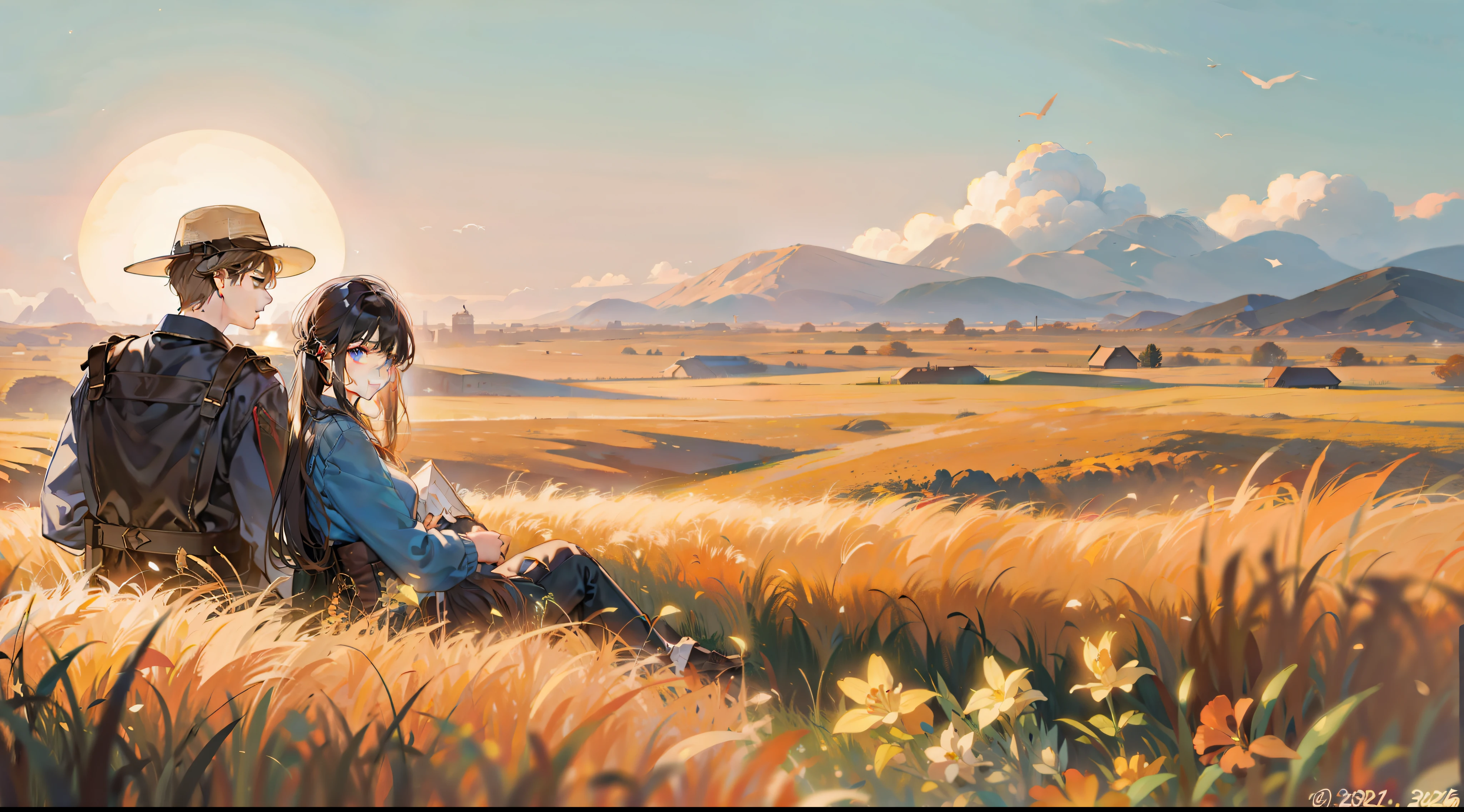 Couple sitting on the prairie