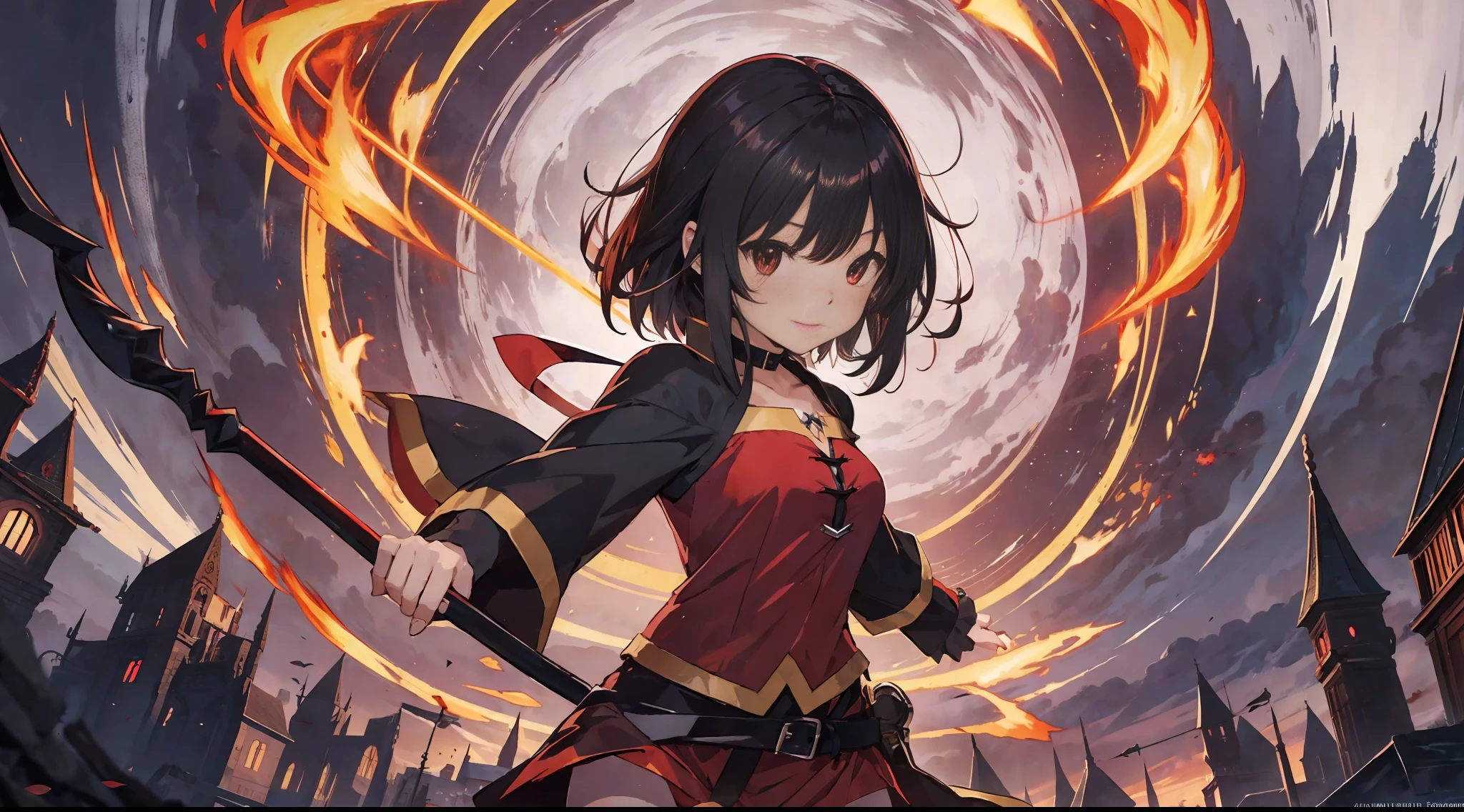 ((masterpiece)), ((ultra-quality)), ((illustration)),1 girl, short hair Megumin, ((Megumin's Crimson outfit)), black hair, black choker and robe, ((red eyes)), crimson eyes,
psychopath smile,Magic Chanting Pose,2 large magic circles in the sky,Explosion,magic painting,fantasy,flame magic painting,darkness magic painting,
She holds a long cane in his right hand,
A large jewel is on the end of the staff,
Ancient large castle, --auto --s2
