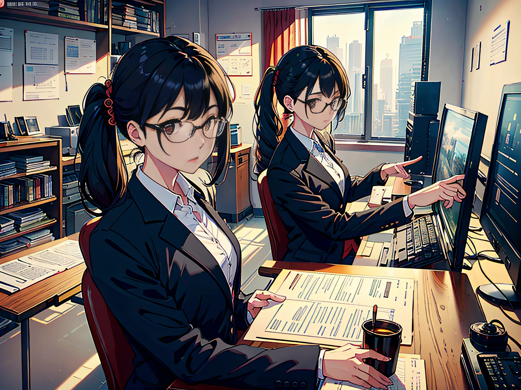 Large office, oversized office, public office, large flat office, eyes looking at the computer in the large office, glasses to the computer, (multi-person large office open), multi-person office, multiple rows of computers, a female teacher, this female teacher in a suit formal suit, tied hair, wearing glasses, this teacher looks at the camera, the lens is mainly featured on the upper body, in the Lofe art style ((Xinhai City), popular in CGStation, Xinhaicheng H 2160, inspired by Bian Shoumin, Xinhaicheng, Kavasi, Guwitz style, high quality pictures, 4K, 8K, resolution