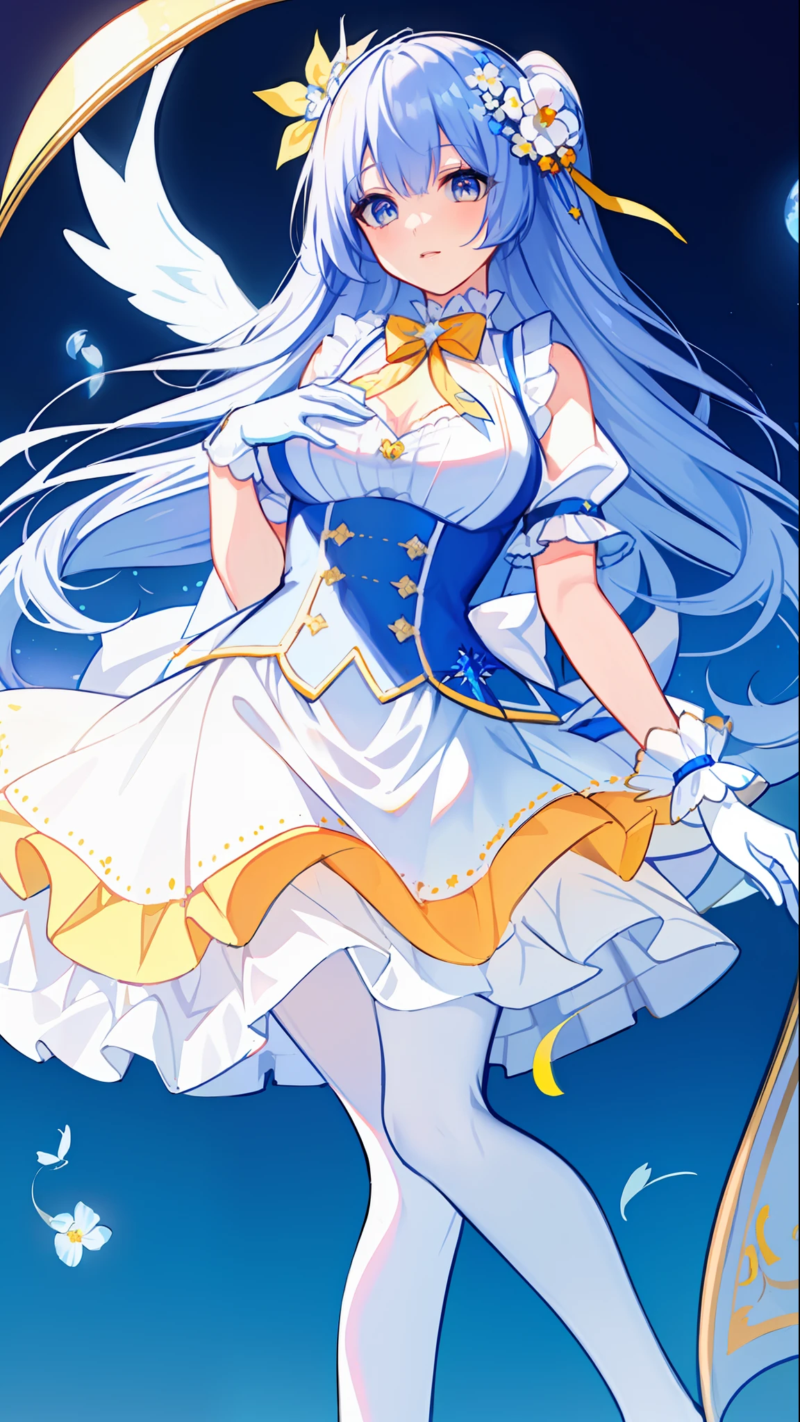 Left-facing, ((((Masterpiece)))), (((Best Quality))), (((Very Detailed))), Detailed Fingers, Illustration, 1 Girl, Solo, Long Sky Blue Hair, Violet Colored Eyes, Flower Hair Ornament, White Feather Hair Ornament, Yellow Moon Hair Ornament, Wide Open Chest, Large Breasts, Large White Ribbon at the Waist, Yellow Idol Dress, With White Flowers, Choker with Yellow Ribbon, White Gloves, White Tights , Yellow Shoes, MIKU, Royal Elegant Pose,