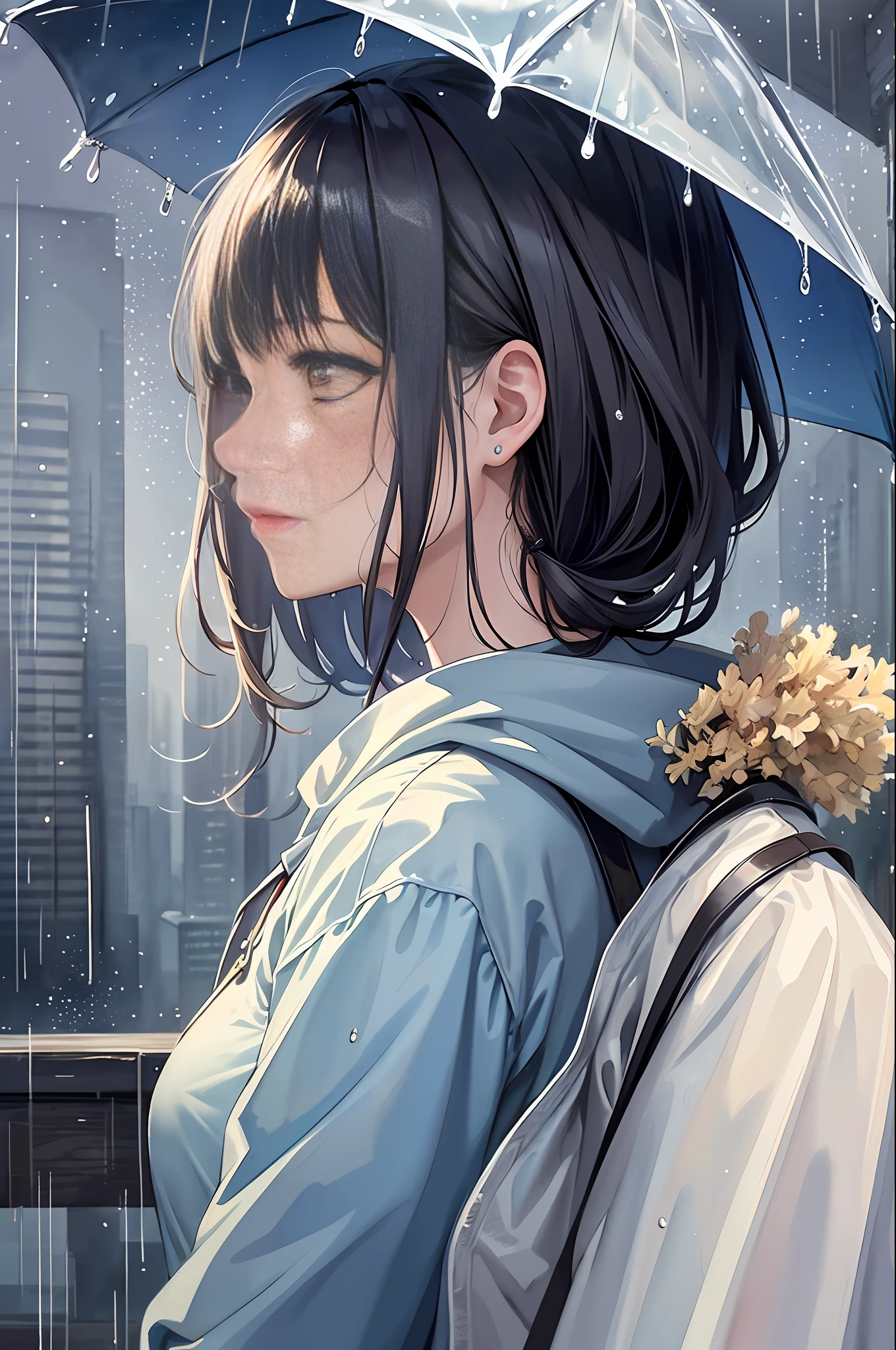 (Masterpiece, Top Quality, Best Quality, Watercolor (Medium), Official Art, Beautiful and Aesthetic: 1.2), (1 Girl: 1.3), (Fractal Art: 1.3), Rain, Sad Expression, Heavy Rain, Profile, Building, Big City, Loneliness, (Wet Hair), WAKAME, Heavy Rain