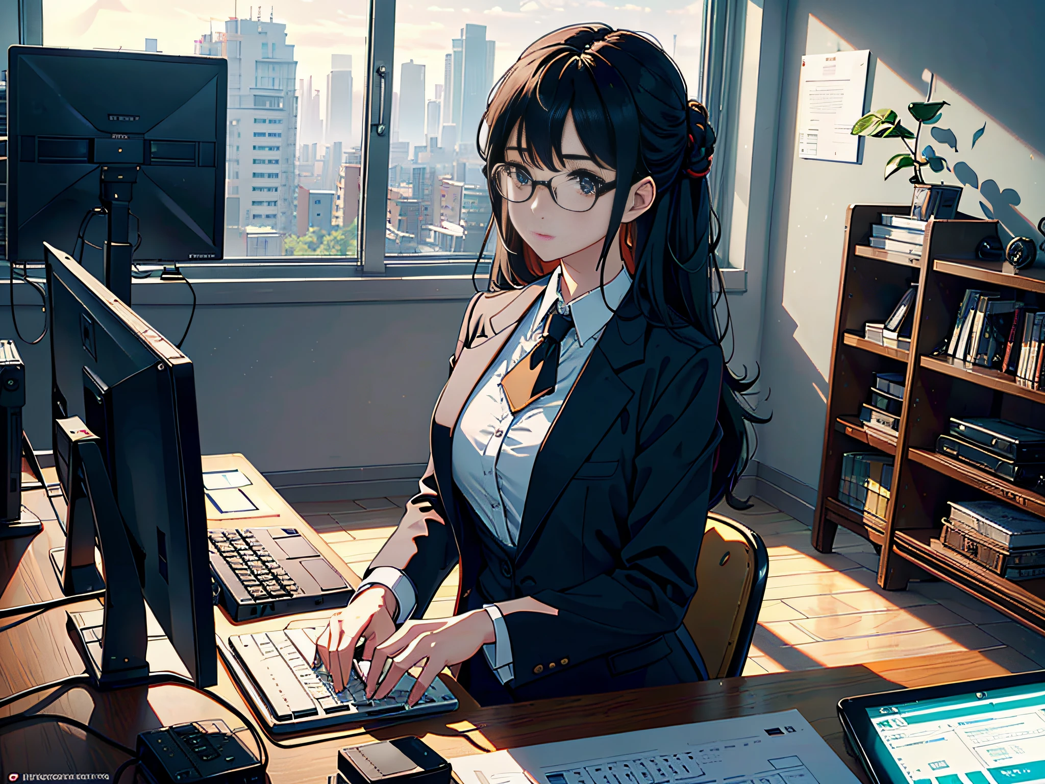 Large office, oversized office, public office, large flat office, eyes looking at the computer in the large office, glasses to the computer, (multi-person large office open), multi-person office, multiple rows of computers, a female teacher, this female teacher in a suit formal suit, tied hair, wearing glasses, this teacher looks at the camera, the lens is mainly featured on the upper body, in the Lofe art style ((Xinhai City), popular in CGStation, Xinhaicheng H 2160, inspired by Bian Shoumin, Xinhaicheng, Kavasi, Guwitz style, high quality pictures, 4K, 8K, resolution