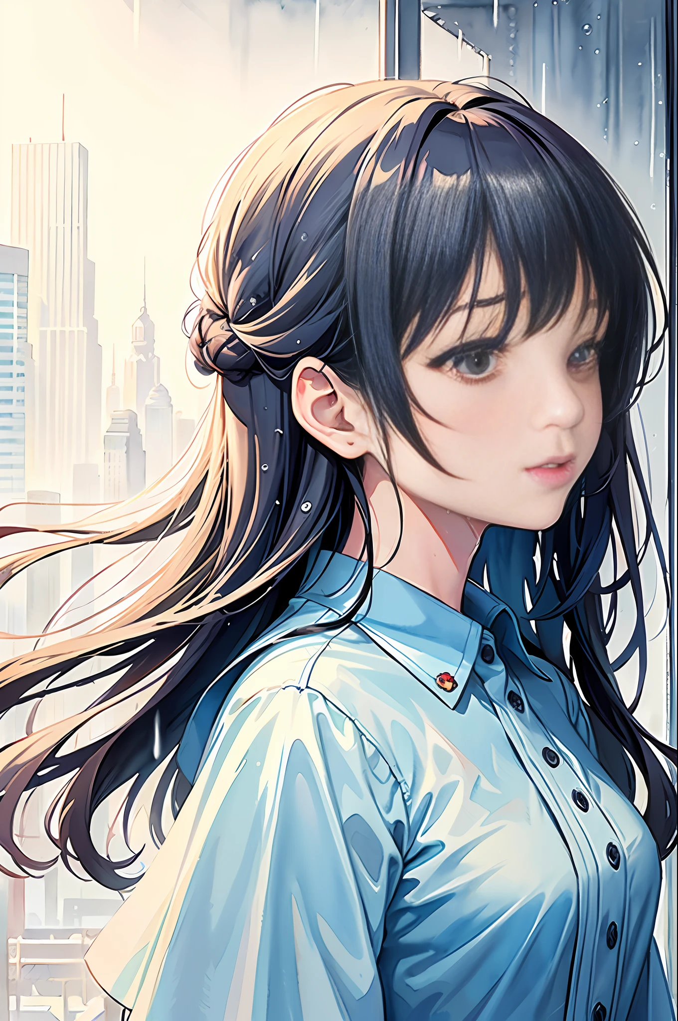 (Masterpiece, Top Quality, Best Quality, Watercolor (Medium), Official Art, Beautiful and Aesthetic: 1.2), (1 Girl: 1.3), (Fractal Art: 1.3), Rain, Sad Expression, Heavy Rain, Profile, Building, Big City, Loneliness, (Wet Hair), WAKAME, Heavy Rain