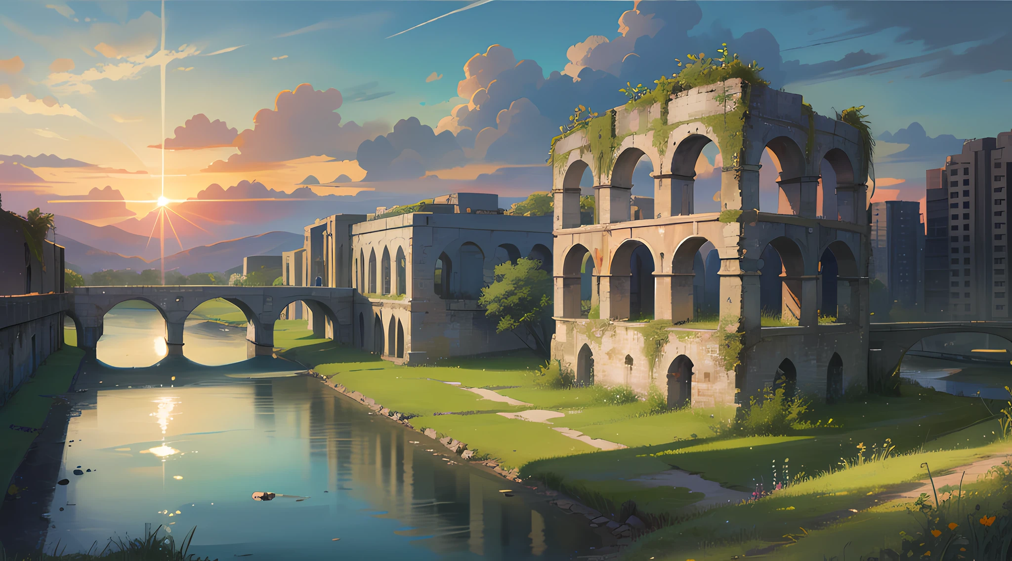 (masterpiece), best quality, river, landscape, view, ruins, grass, empty buildings, war, (night)