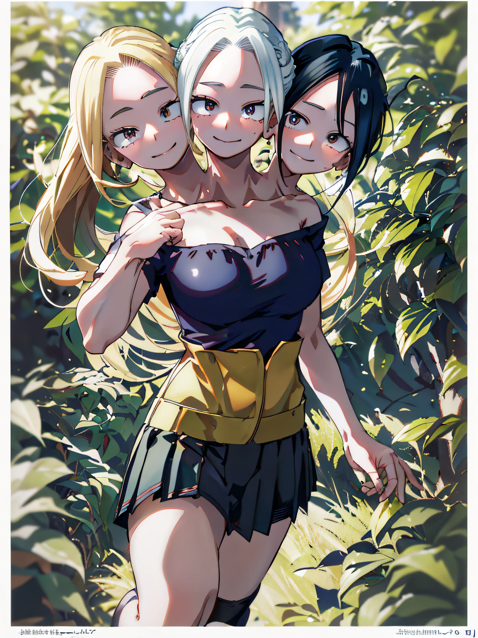 best quality, horikoshi style, anime girl posing for camera, different hair colors, blonde hair black hair, big white t-shirt, plaid skirt, background ((three heads, 3head):1.5)
