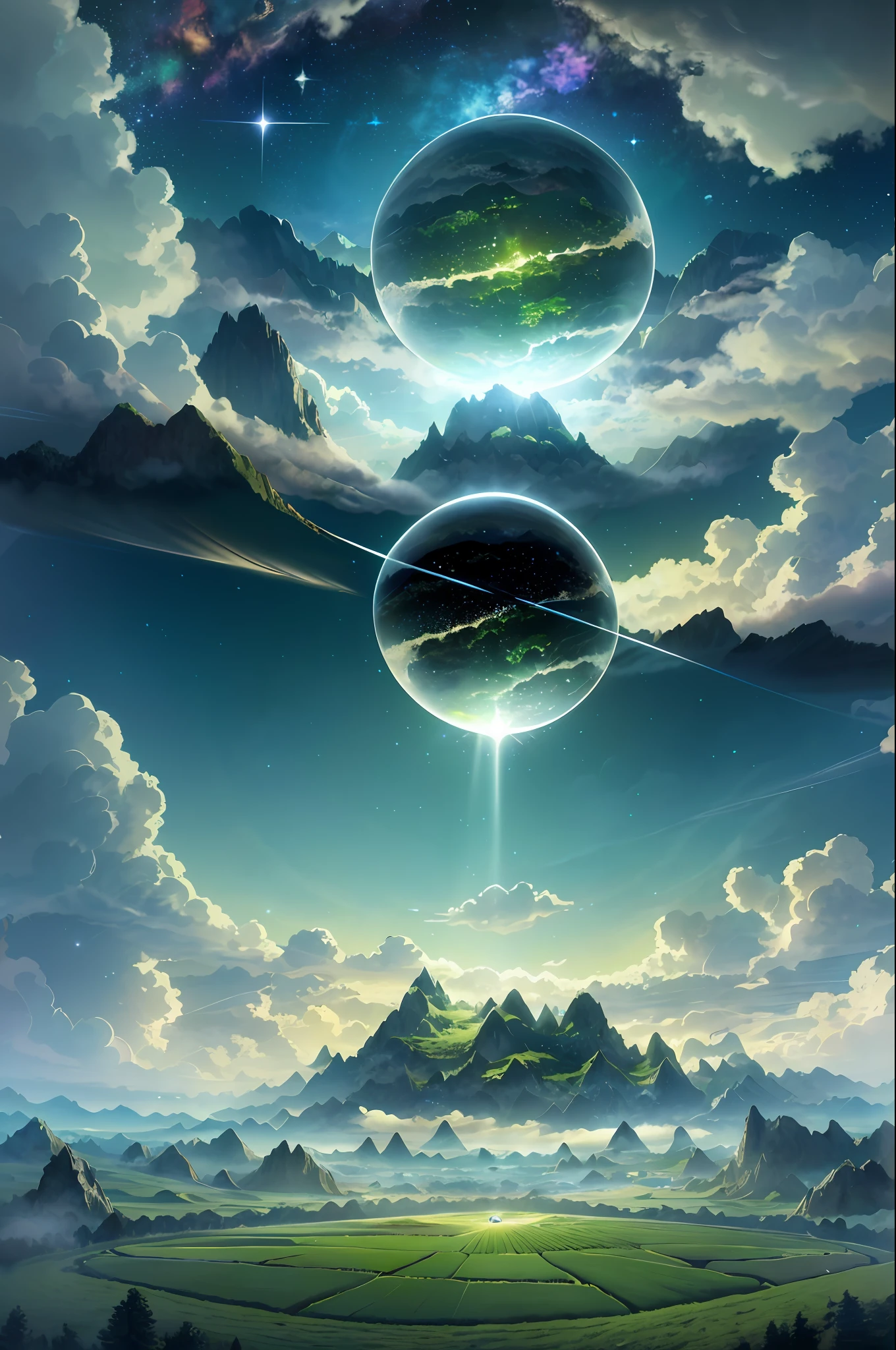 A giant mirror sphere floating in space, flickering lights, sad hamster lost (heaven like green fields surrounded by high mountains and clouds:1.3), particles in the air, god rays, stars in the background, intricate fractals, detailed, (illustration), masterpiece, high resolution, best quality.