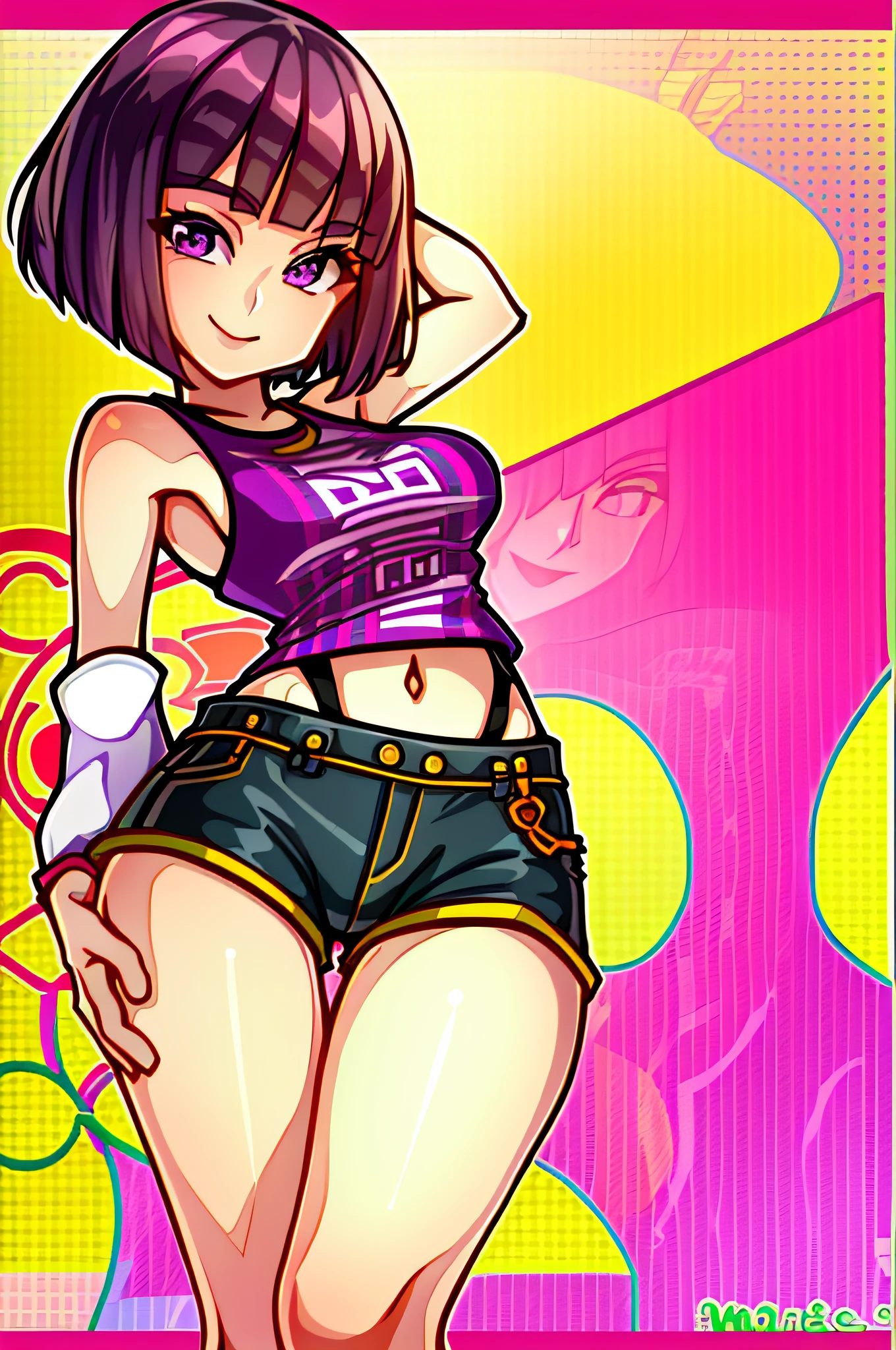 Masterpeace, cartoon, purple hair, bob haircut, sexy pose, 1girl, girl in shorts and t-shirt, perfect body, cheerful, smiling, perfect hands, looking at the viewer, full shot, front shot, simple background color