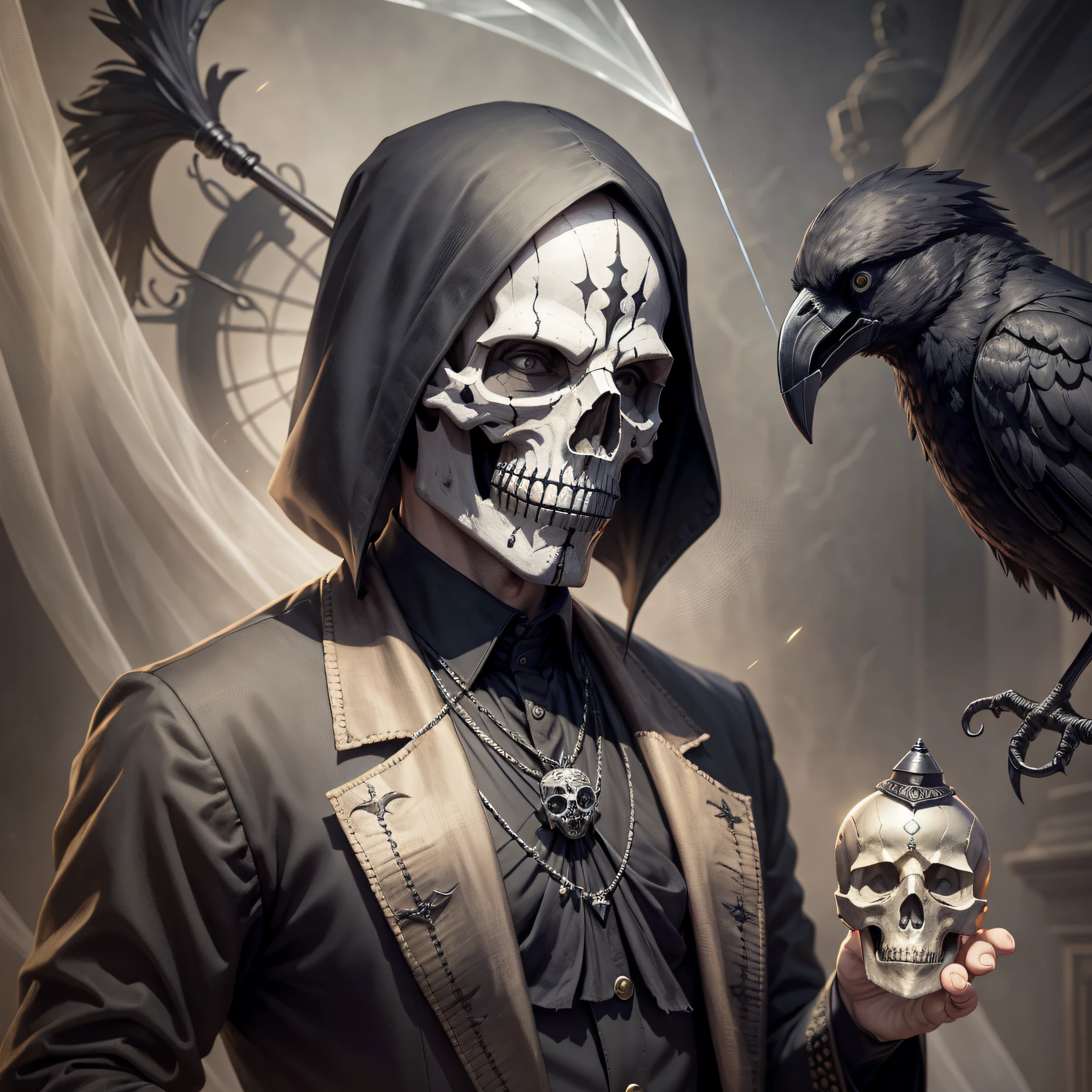 Man in Black Death doctors mask holding a crystal skull-tipped cane and a crow on the side --auto --s2