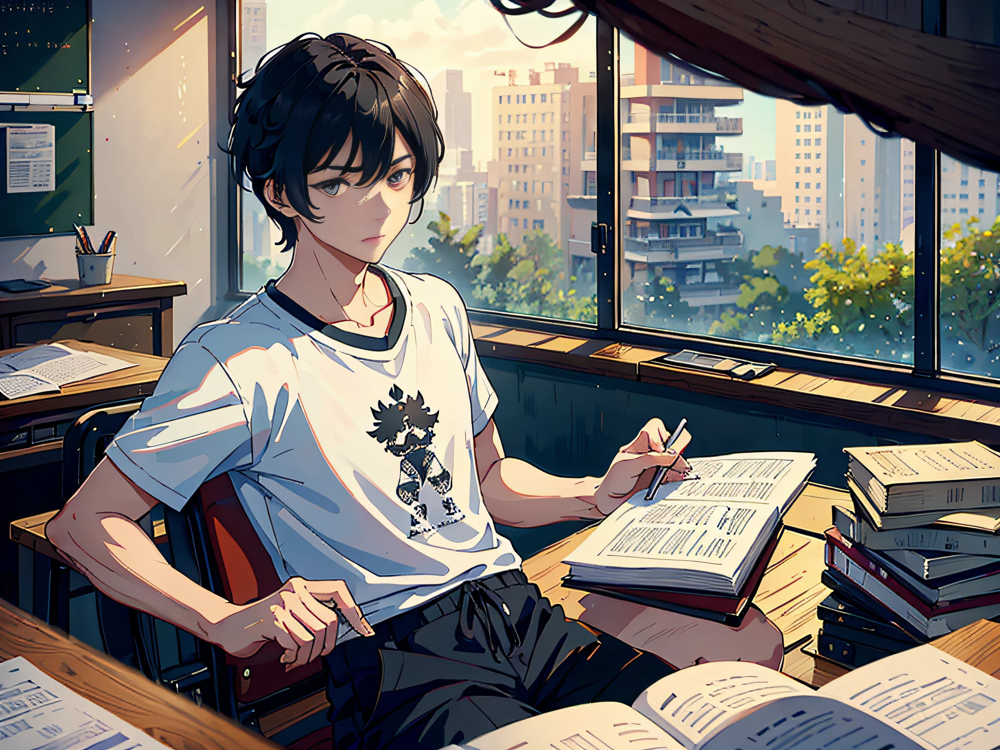 A male student is sitting in the classroom, boy, male classmate, in the campus classroom, this male classmate is wearing a white T-shirt, short black hair, holding a pen, there are test papers, there are books, the male classmate looks at the camera, the lens is mainly characterized by the upper body, in the Loepfe art style ((Xinhaicheng), popular in CGStation, Xinhaicheng H 2160, inspired by Bian Shoumin, Xinhaicheng, Kavasi, Guwitz's style, high-quality pictures, 4K, 8K, resolution,